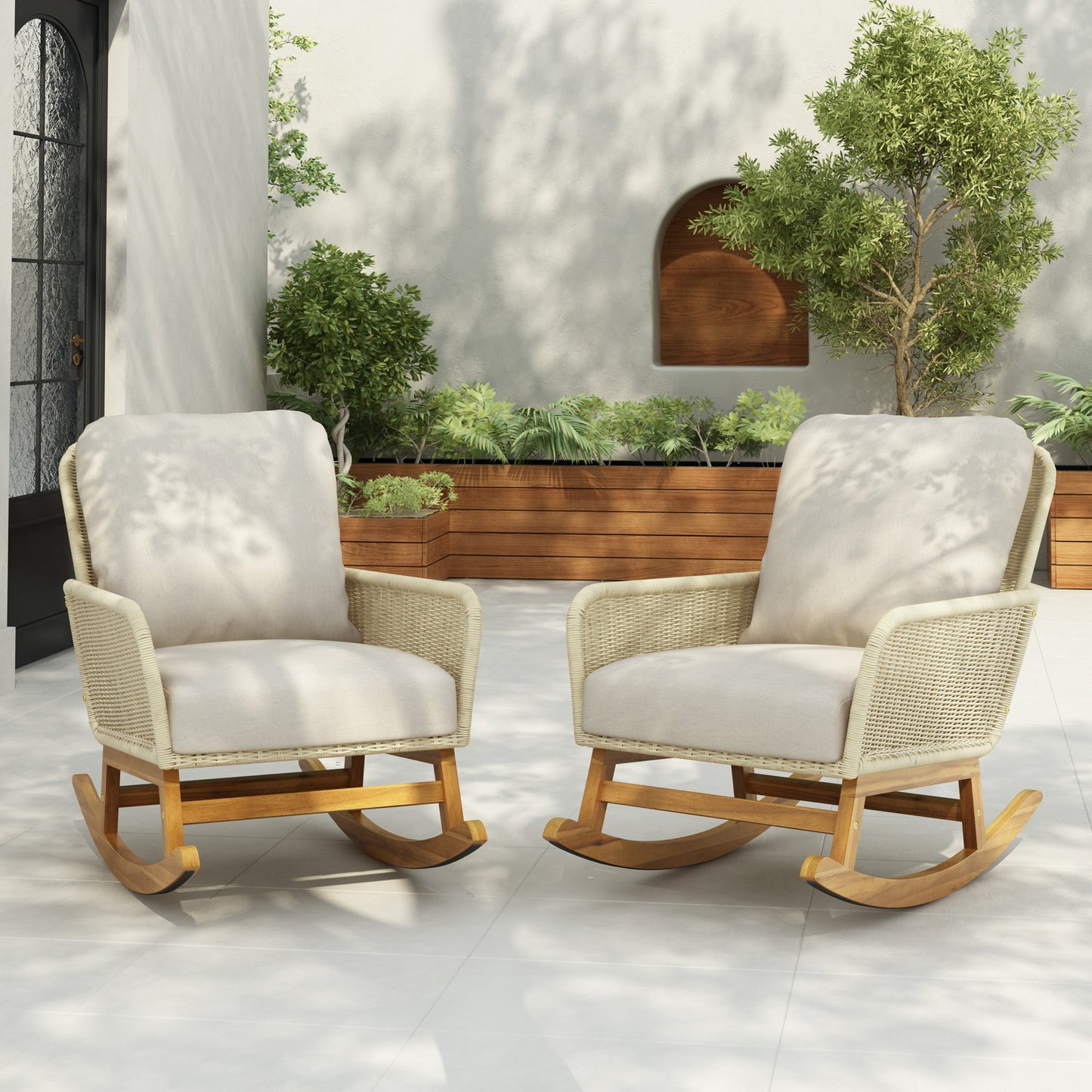 IMKHK Outdoor Patio Rocker Chair, Modern Rattan Wicker Rocking Chair with Thickened Cushions and Wooden Frame, All-Weather Rocker Wicker Chair for Garden, Backyard, Patio and Balcony, Set of 2, Beige