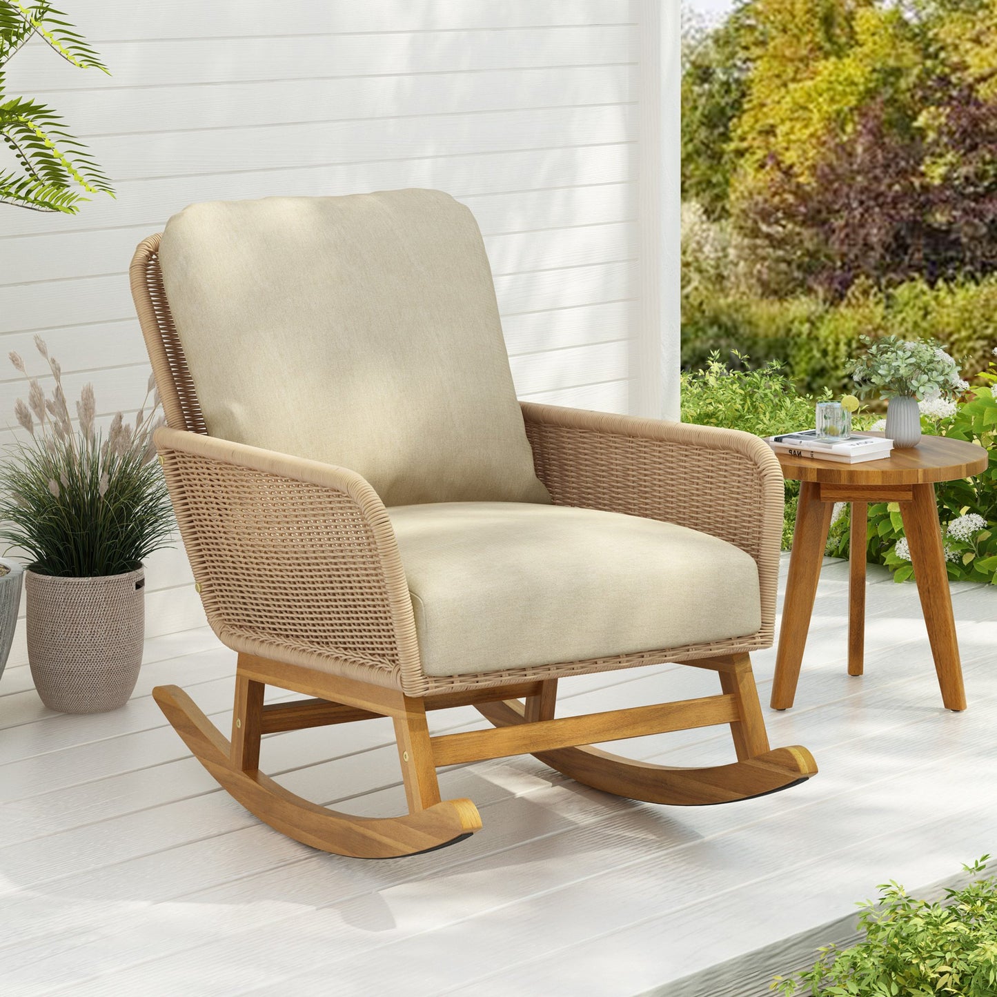 IMKHK Outdoor Wicker Rocking Chair, Modern Rattan Patio Rocker Chair with Thickened Cushions and Wooden Frame, All-Weather Rocker Wicker Chair for Porch, Garden, Backyard, Patio and Balcony, Gray