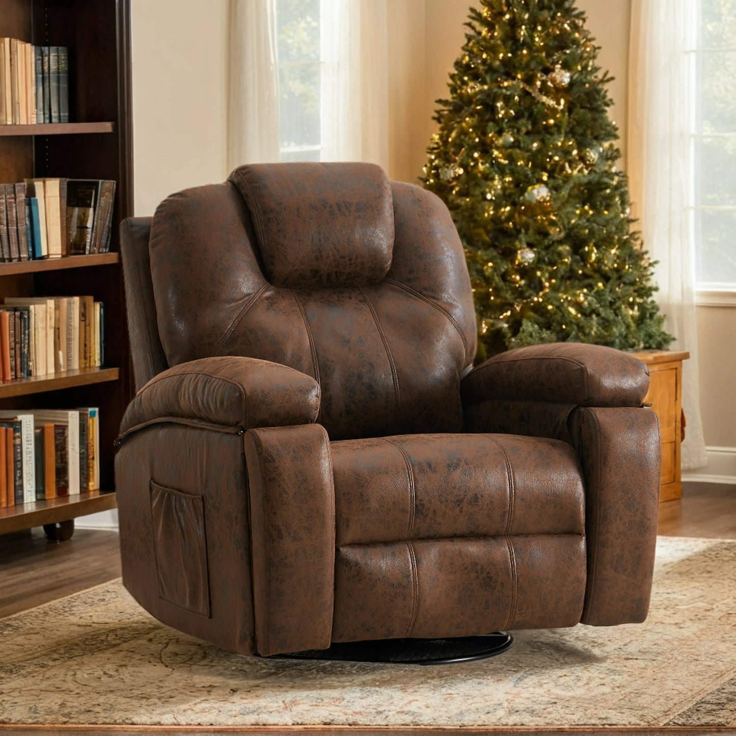 IMKHK Oversized Swivel Rocker Recliner Chair with Side Pockets and Hidden Cup Holders, Extra Wide Manual Recliner for Living Room, Faux Leather Ergonomic Lounge Chair Single Sofa Chair, Brown