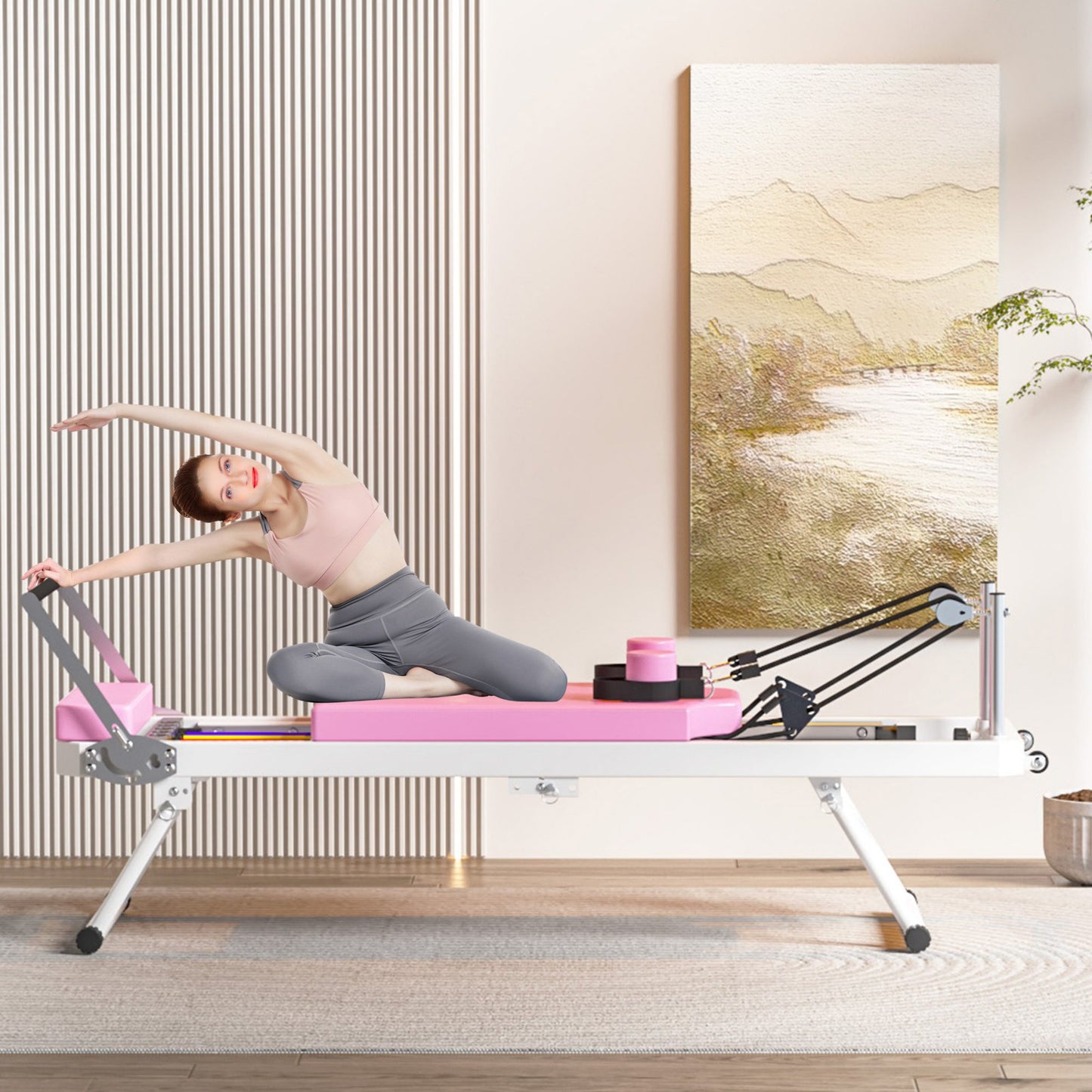 IMKHK Pilates Reformer, Foldable Pilates Core Bed with Dual Resistance-Springs and Cords, Pilates Machine & Equipment for Home and Gym Workout, Suitable for Beginners and Intermediate Users, Pink