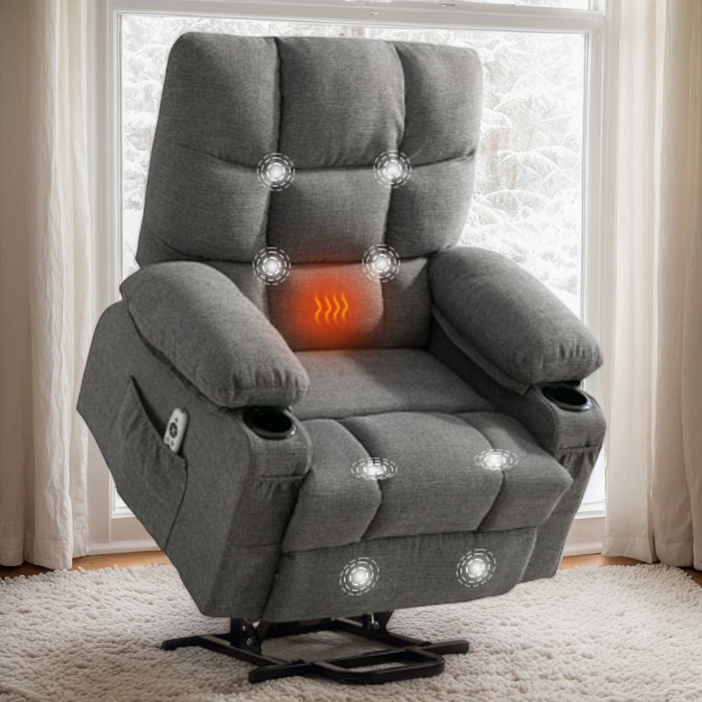 IMKHK Power Lift Recliner Chair with Heat and Massage Function, Electric Recliners for Elderly with USB Port, Side Pockets and Cup Holders, Fabric Lounge Chair Single Sofa Chair, Brown