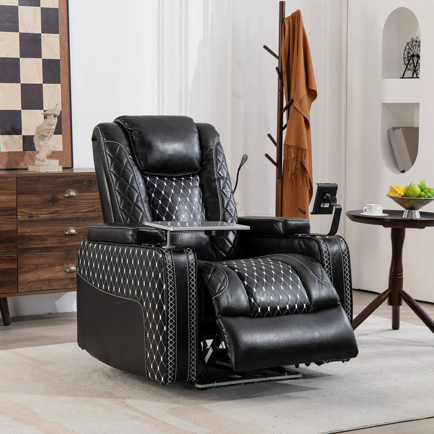 IMKHK Recliner Chair with Reading Lamp and LED Strip, Zero Gravity Recliner for Living Room, PU Leather Recliner Chair with Laptop Table, Phone Holder, Smart Cup Holders and Storage Armrests, Black
