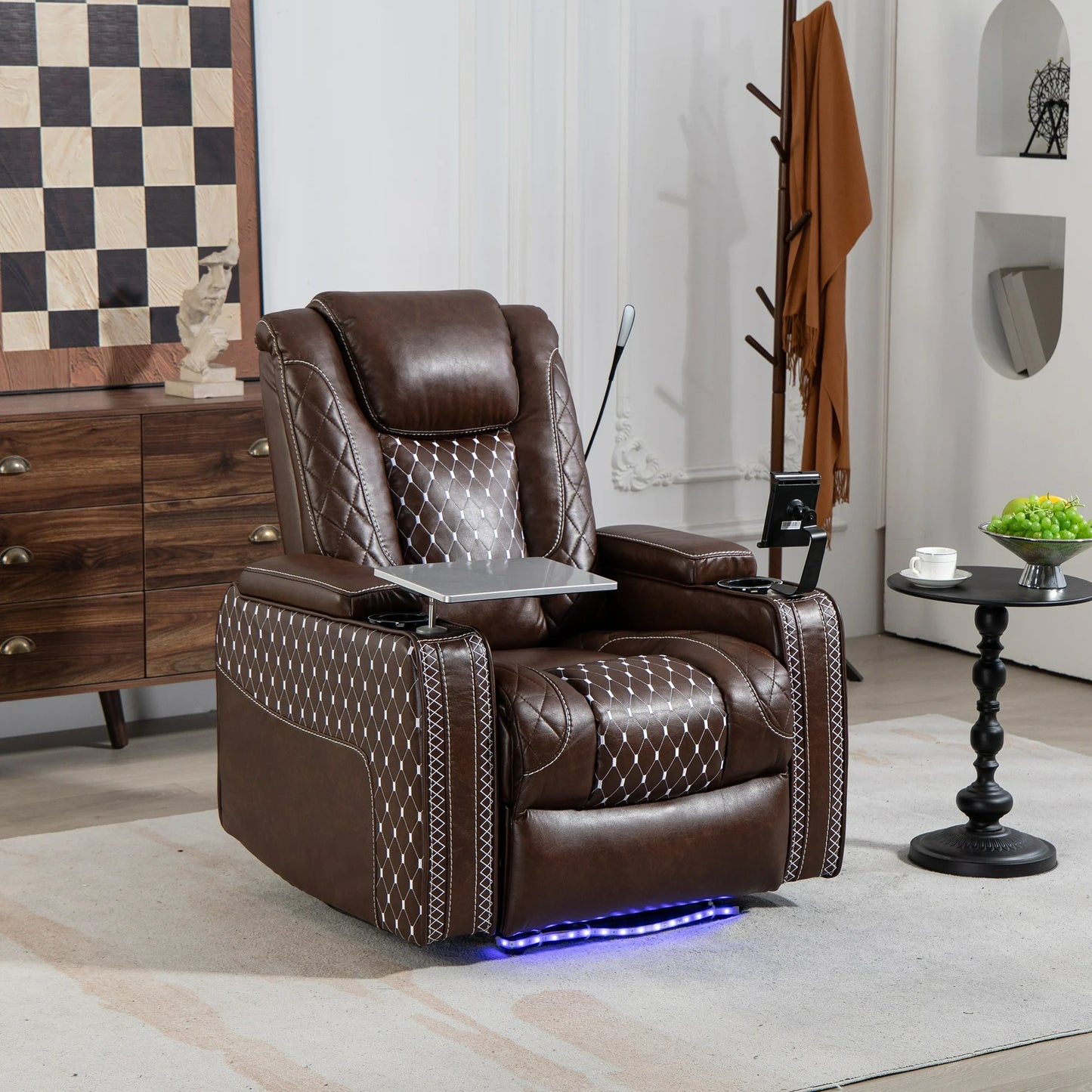 IMKHK Recliner Chair with Reading Lamp and LED Strip, Zero Gravity Recliner for Living Room, PU Leather Recliner Chair with Laptop Table, Phone Holder, Smart Cup Holders and Storage Armrests, Black