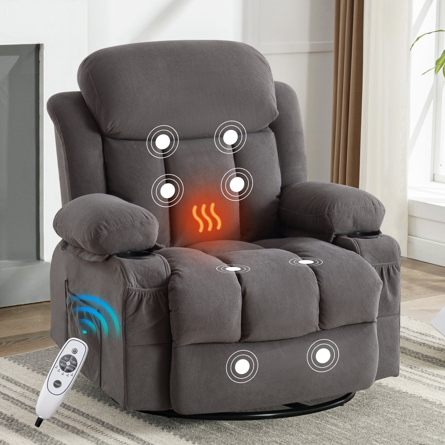 IMKHK Rocker Recliners with Heat and Massage for Adults, Manual Swivel Rocking Recliner Chair with USB Port, Side Pockets, Cup Holders, 24.4in Single Fabric Lounge Sofa Chair for Living Room, Beige