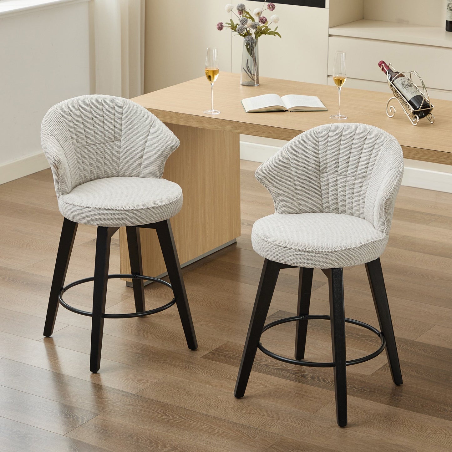 IMKHK Swivel Bar Chair Set of 2, Modern Chenille Counter Height Bar Chairs with Wide Curved Backrest, Upholstered Bar Stool with Thickened Iron Metal Feet for Kitchen Bars Restaurants, Blue