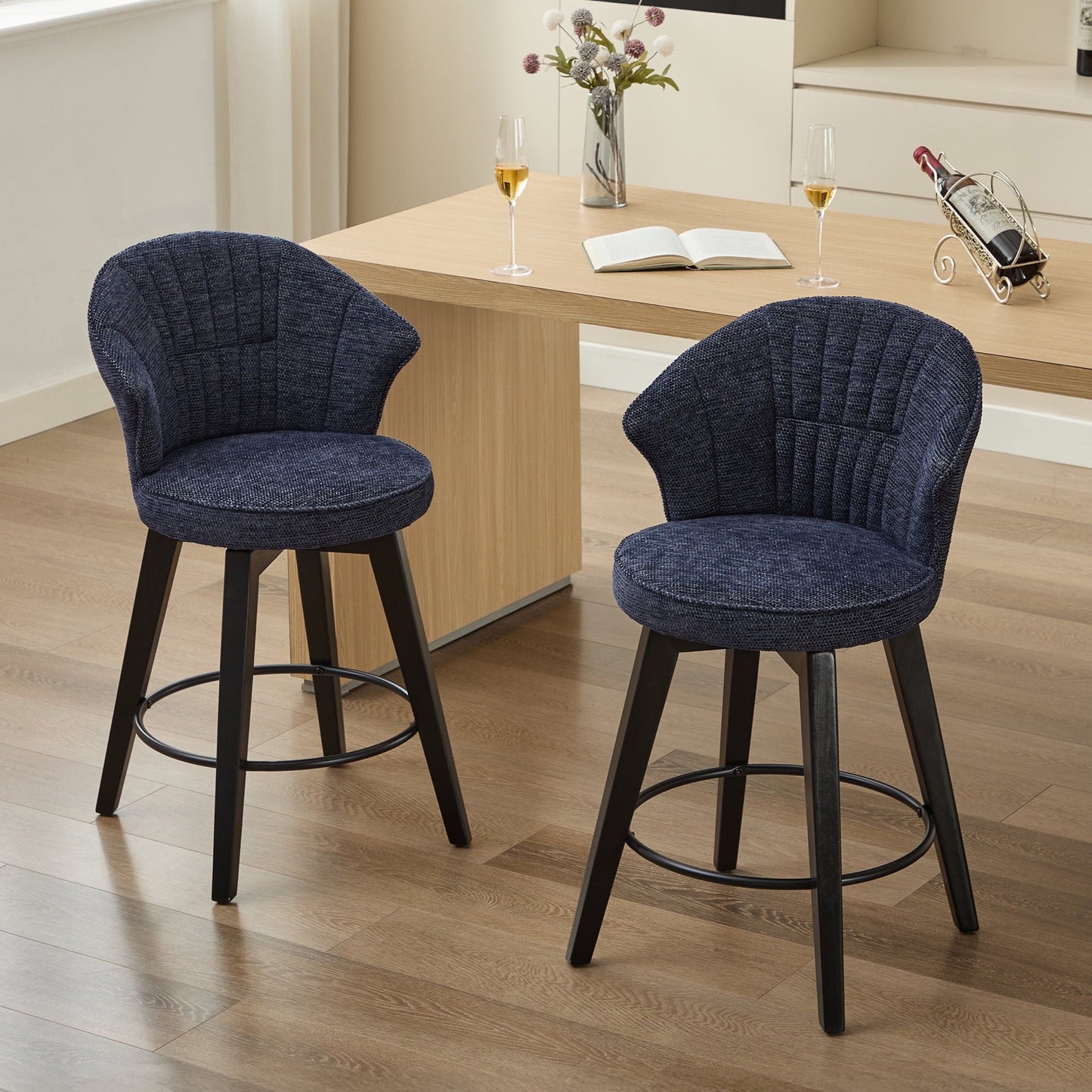 IMKHK Swivel Bar Chair Set of 2, Modern Chenille Counter Height Bar Chairs with Wide Curved Backrest, Upholstered Bar Stool with Thickened Iron Metal Feet for Kitchen Bars Restaurants, Blue