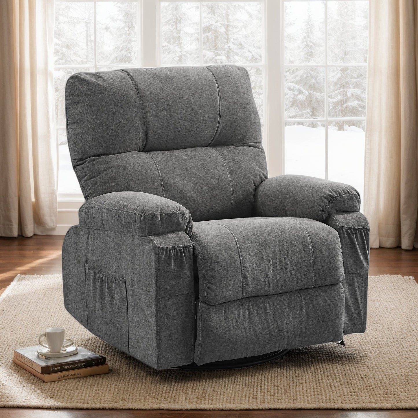 IMKHK Swivel Rocker Recliner Chair, Comfy Manual Fabric Lounge Chair with Side and Front Pockets for Adults, Modern Versatile Single Sofa Chair for Living Room Bedroom Theater, Metal Frame, Gray