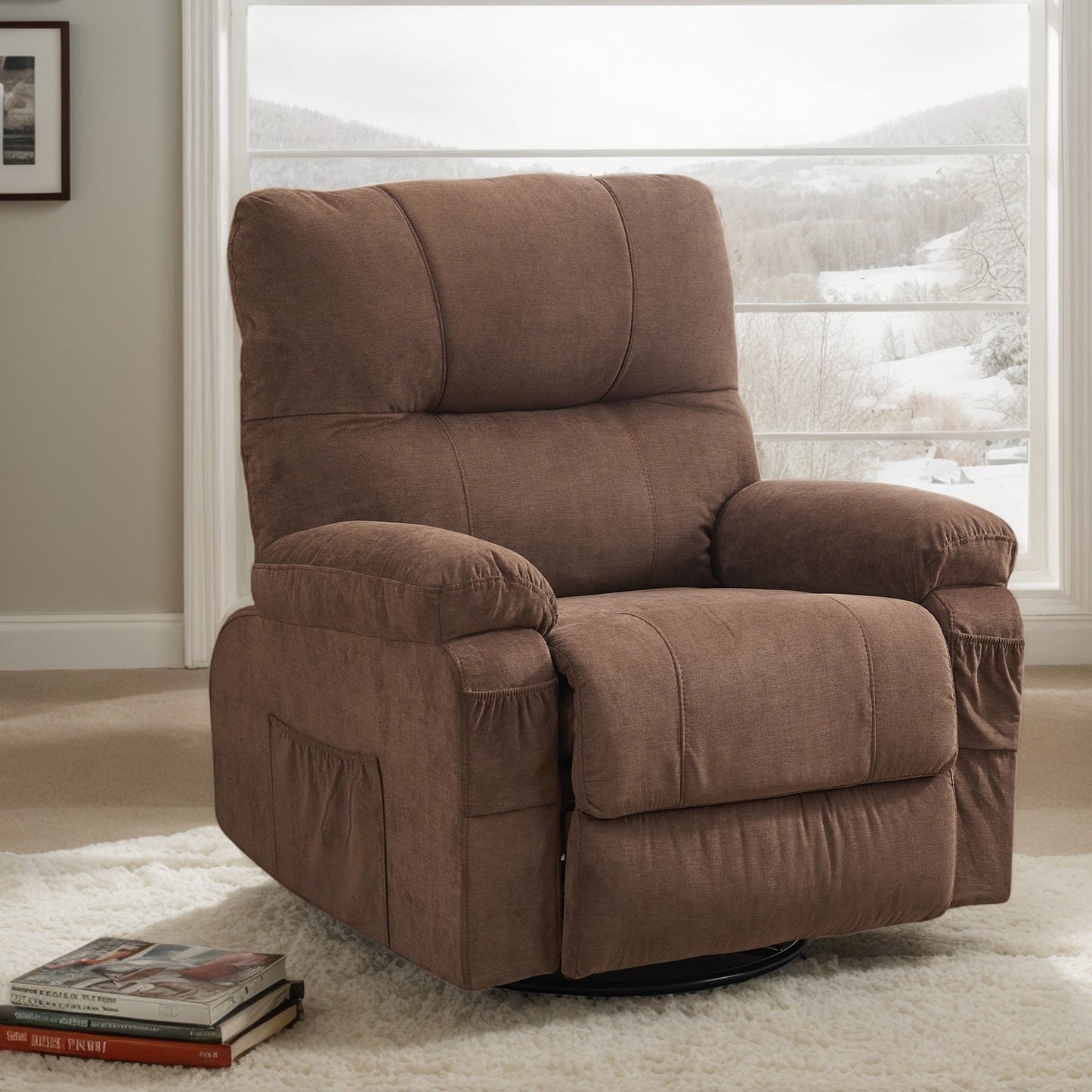 IMKHK Swivel Rocker Recliner Chair, Comfy Manual Fabric Lounge Chair with Side and Front Pockets for Adults, Modern Versatile Single Sofa Chair for Living Room Bedroom Theater, Metal Frame, Gray