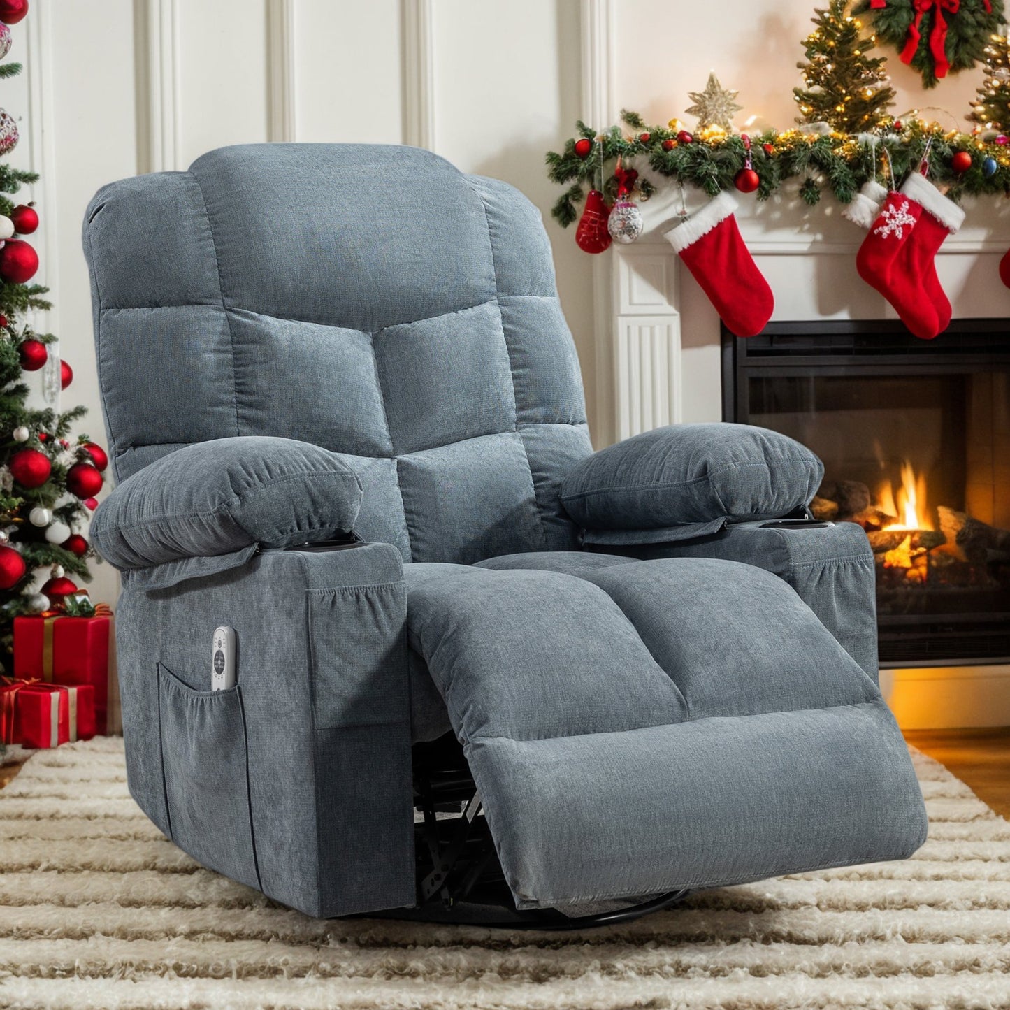 IMKHK Swivel Rocker Recliner Chair with Heat and Vibration Massage, Manual Fabric Lounge Chair with Side Pockets, 2 Cup Holders, USB Charge Port, Single Sofa Chair for Bedroom Theater, Gray