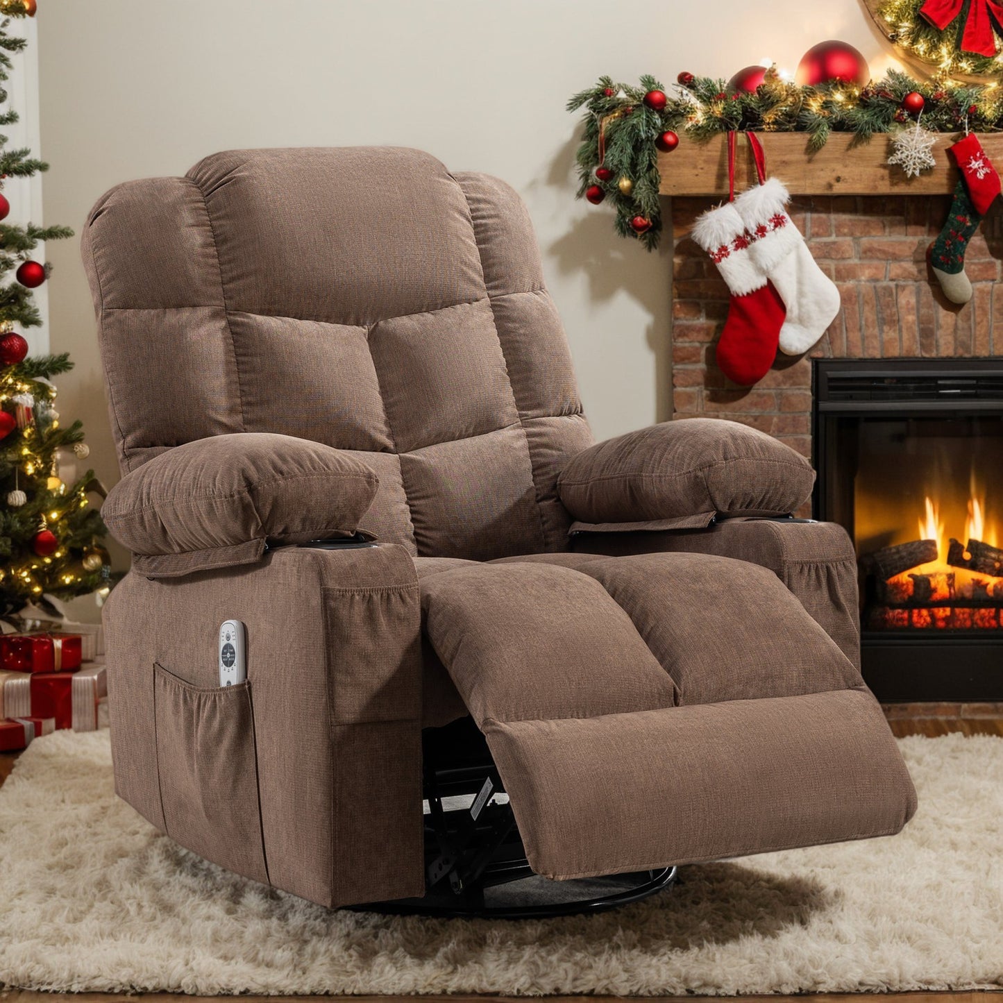 IMKHK Swivel Rocker Recliner Chair with Heat and Vibration Massage, Manual Fabric Lounge Chair with Side Pockets, 2 Cup Holders, USB Charge Port, Single Sofa Chair for Bedroom Theater, Gray