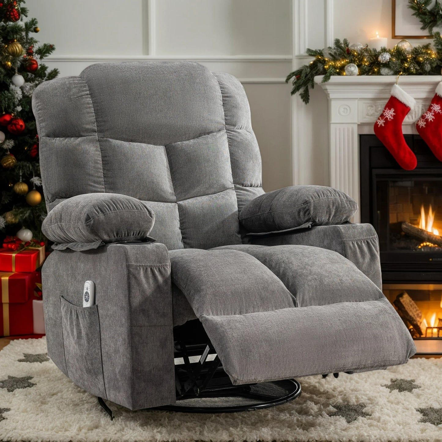IMKHK Swivel Rocker Recliner Chair with Heat and Vibration Massage, Manual Fabric Lounge Chair with Side Pockets, 2 Cup Holders, USB Charge Port, Single Sofa Chair for Bedroom Theater, Gray