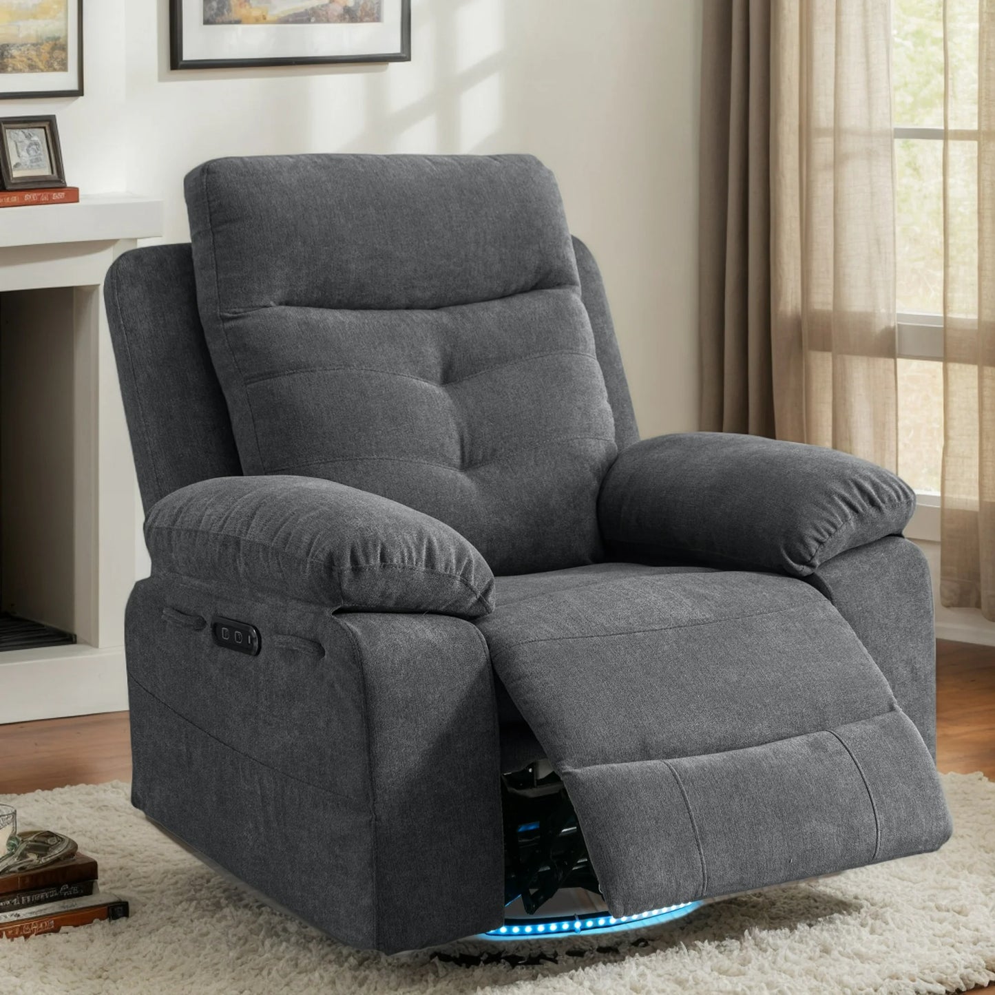 IMKHK Swivel Rocker Recliner Chair with LED Lights and Bluetooth Speaker, Comfy Power Fabric Lounge Chair with Charging Station and Side Pockets, Single Sofa Chair for Living Room Bedroom, Dark Gray