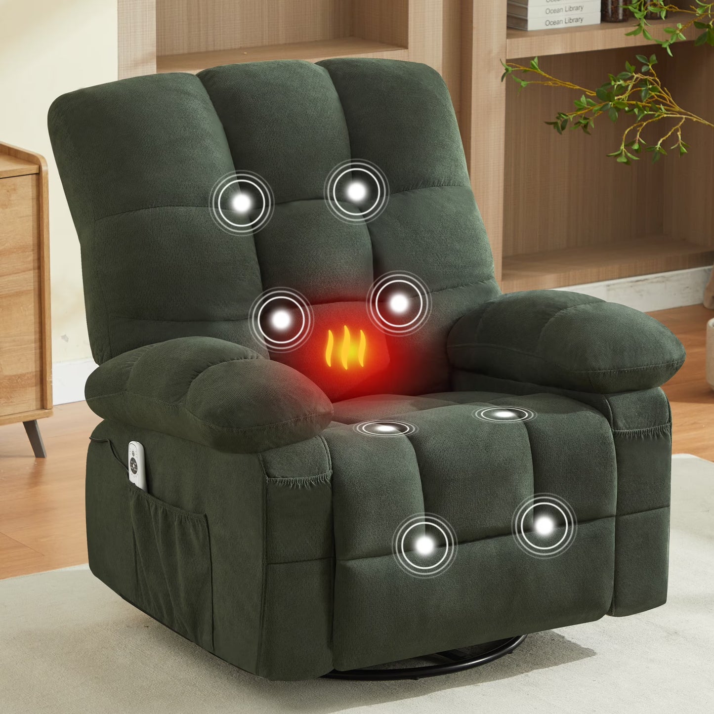 IMKHK Swivel Rocker Recliner with Massage and Heat for Adults, Manual Rocking Recliner Chair with Side Pockets and USB Port, Single Fabric Ergonomic Lounge Chair for Living Room Bedroom, Gray