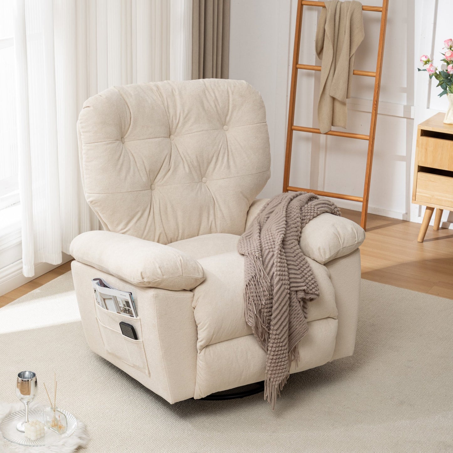IMKHK Swivel Rocking Recliner Chair, Artificial Fleece Lounge Chair with 2 Side Pockets, Modern Comfy Manual Single Sofa Chair for Adults, Reclining Chair Sofa for Living Room Bedroom Theater, Yellow
