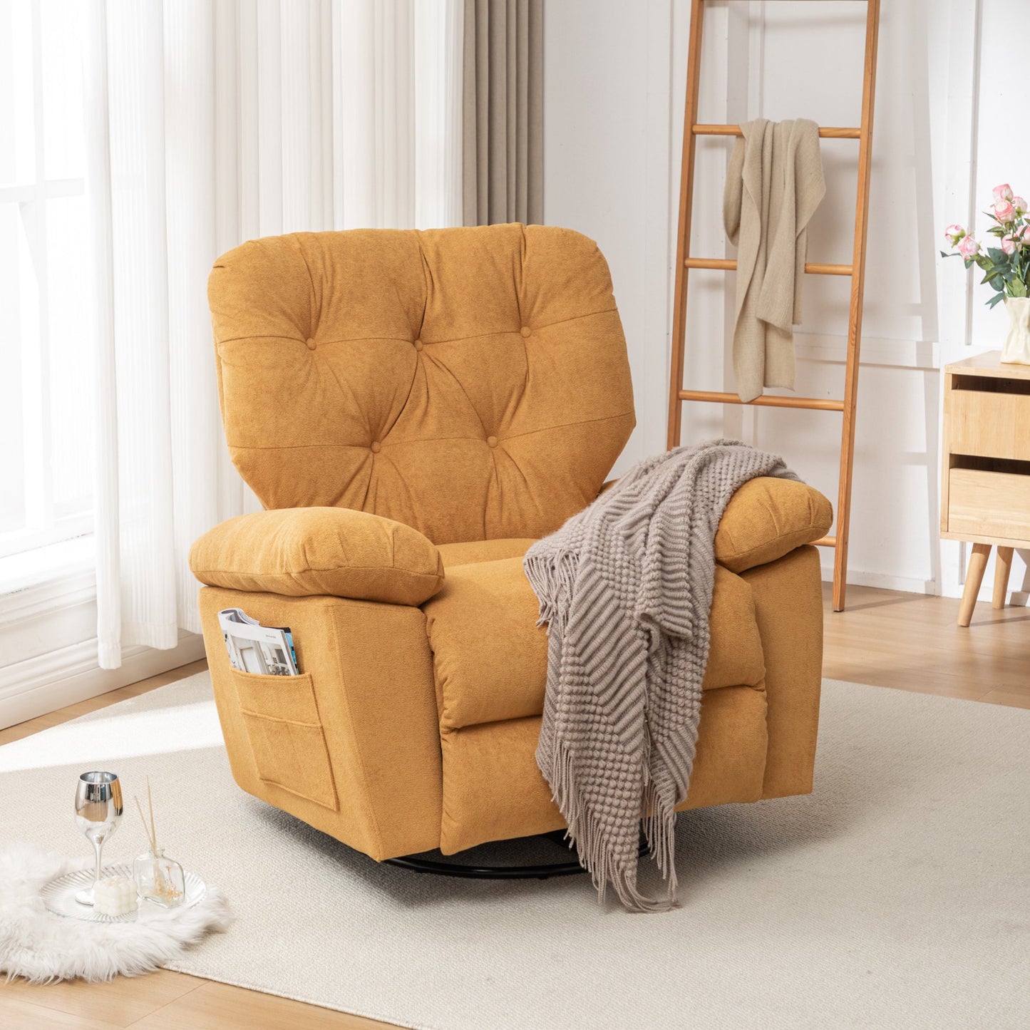 IMKHK Swivel Rocking Recliner Chair, Artificial Fleece Lounge Chair with 2 Side Pockets, Modern Comfy Manual Single Sofa Chair for Adults, Reclining Chair Sofa for Living Room Bedroom Theater, Yellow