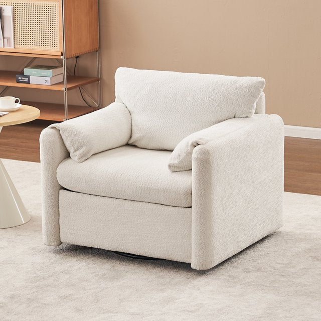 IMKHK Swivel Single Sofa Chair with Armrests and Cushion Back, Comfy Chenille Upholstered Lounge Chair with Side Pocket, Ergonomic Single Sofa Chair for Living Room Bedroom Office, Iron Frame, White