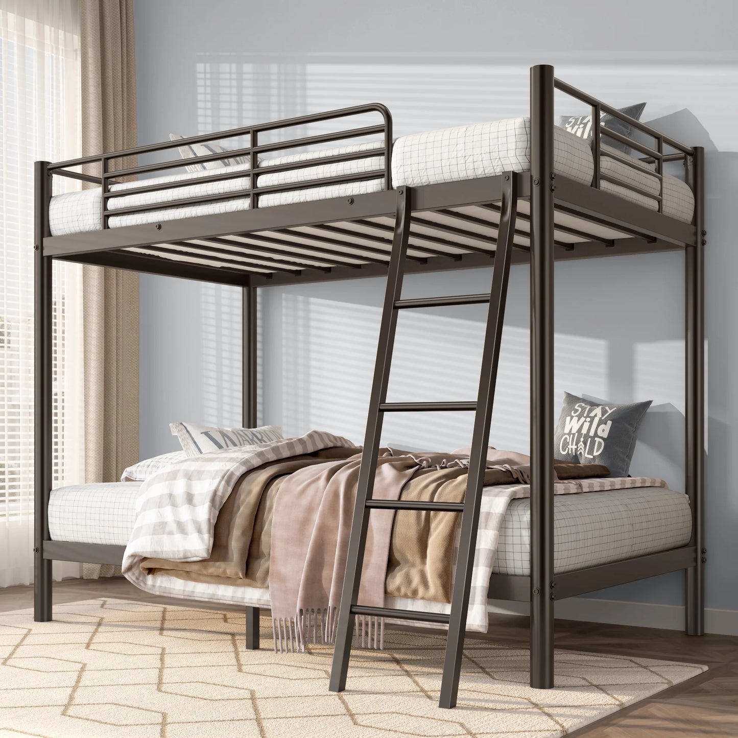 IMKHK Twin Over Full Bunk Bed, Heavy-duty Metal Bunk Beds for Kids Teens Adults, Low Profile Metal Bunk Bed Frame with Ladder, Safety Guardrail and Large Under Bed Space, No Box Spring Needed, Black