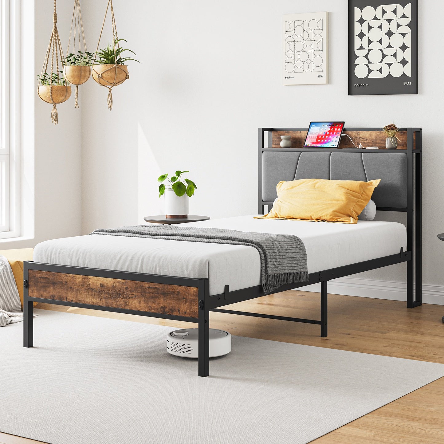 IMKHK Queen Size Bed Frame, Metal Platform Bed Queen with Charging Station and Storage Upholstered Headboard for Adults Teens Kids, Large Under Bed Space, Easy Assembly, No Box Spring Needed, Brown