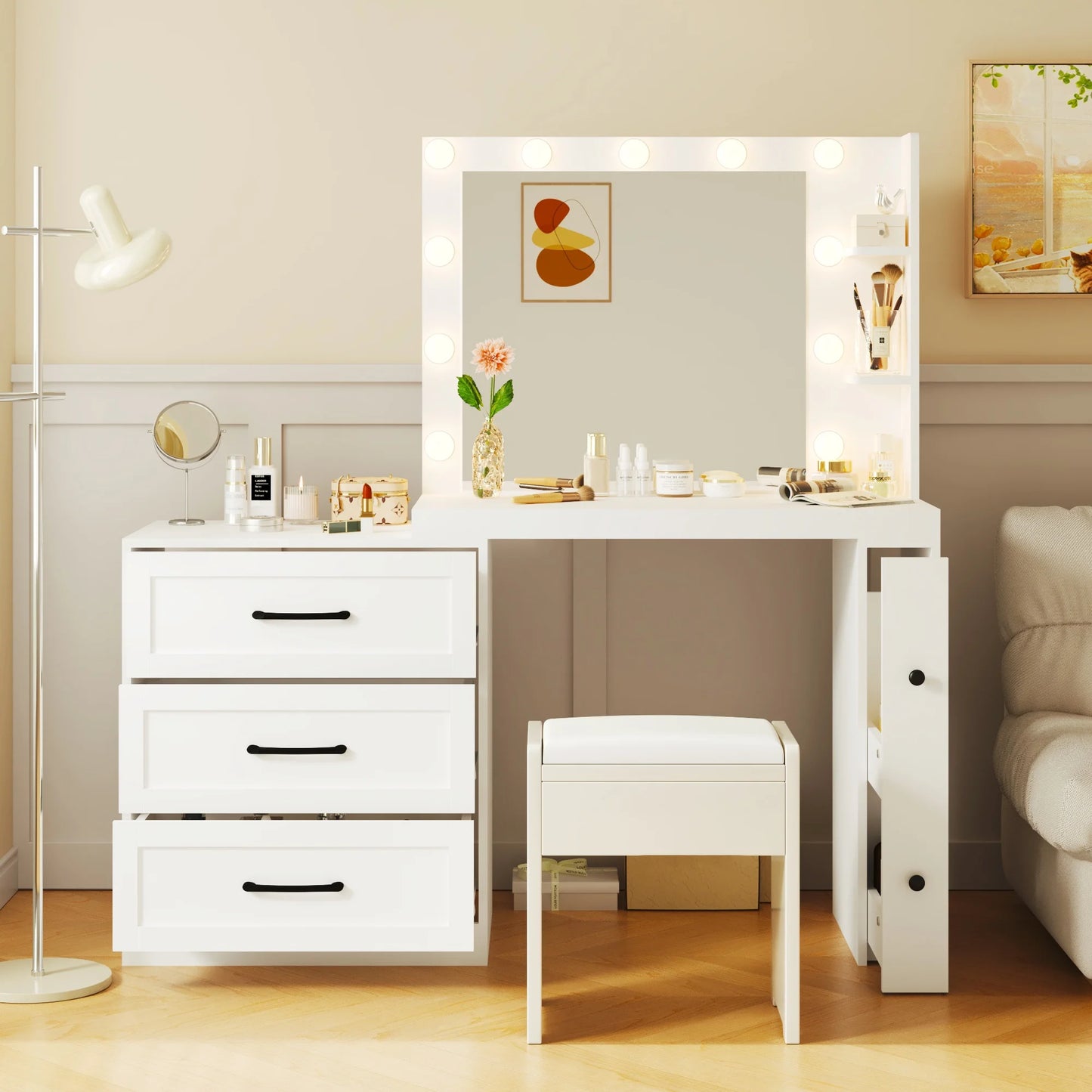 IMKHK Vanity Table with LED Lighter Mirror, Modern Dressing Table with 3 Drawers, 1 Cabinet and Adjustable Shelves for Girls Women, Wood Makeup Vanity Table for Dressing Room Living Room, White