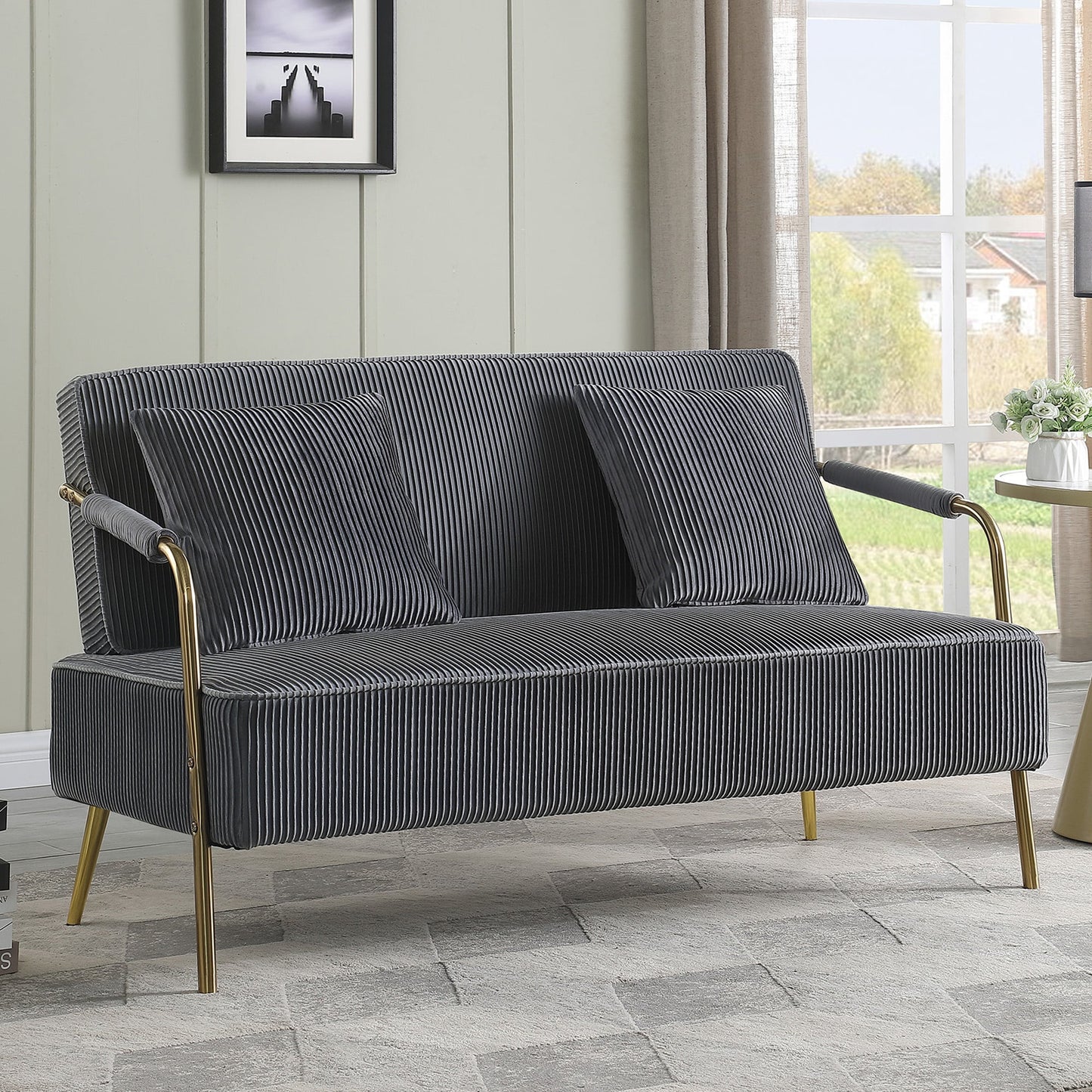 IMKHK Velvet Loveseat Sofa, Modern Upholstered Small Sofa Couch with 2 Pillows for Small Spaces, Mid-Century Sturdy 2-Seat Couch with Gold Metal Legs for Living Room Apartment, Green