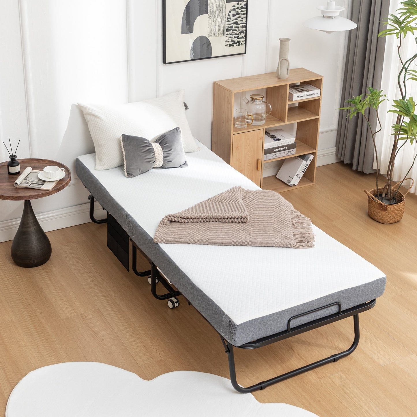 IMKK 75x31 Folding Bed Frame with Mattress, Rollaway Adult Bed on Wheels for Guests with 4 Wheels, 5-inch Memory Foam Mattress, Sturdy Metal Frame, Space Saving Fold Up Bed for Easy Storage, Black