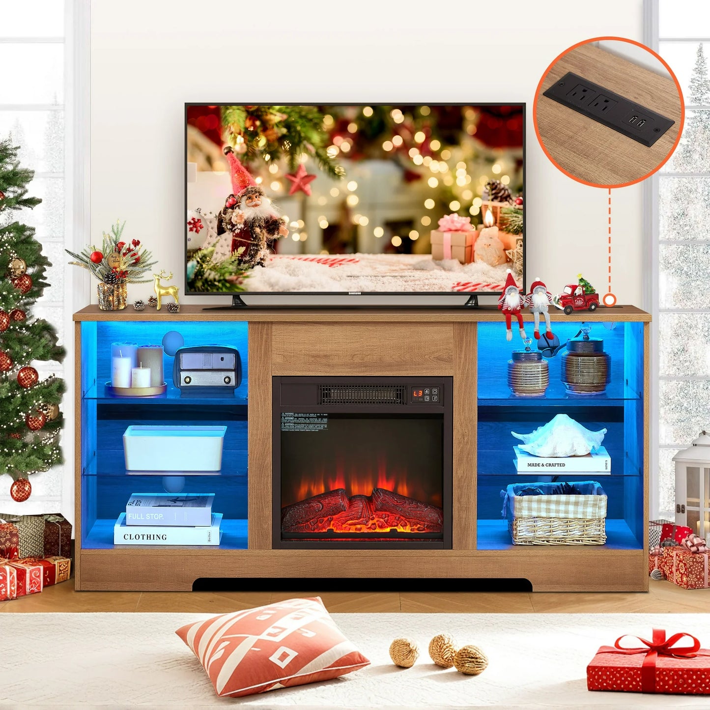 Sesslife Fireplace TV Stand with LED Light for 65 Inch TV, Farmhouse TV Console with Electric Fireplace, Console Entertainment Center Television Table with Charging Station for Living Room, Oak