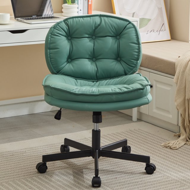 ENYOPRO Armless Cross Legged Home Office Desk Chair with Caster, Comfy Upholstered Wide Seat Office Chair, Modern Adjustable Swivel PU Leather Vanity Task Computer Chair for Office Home Bedroom, Green