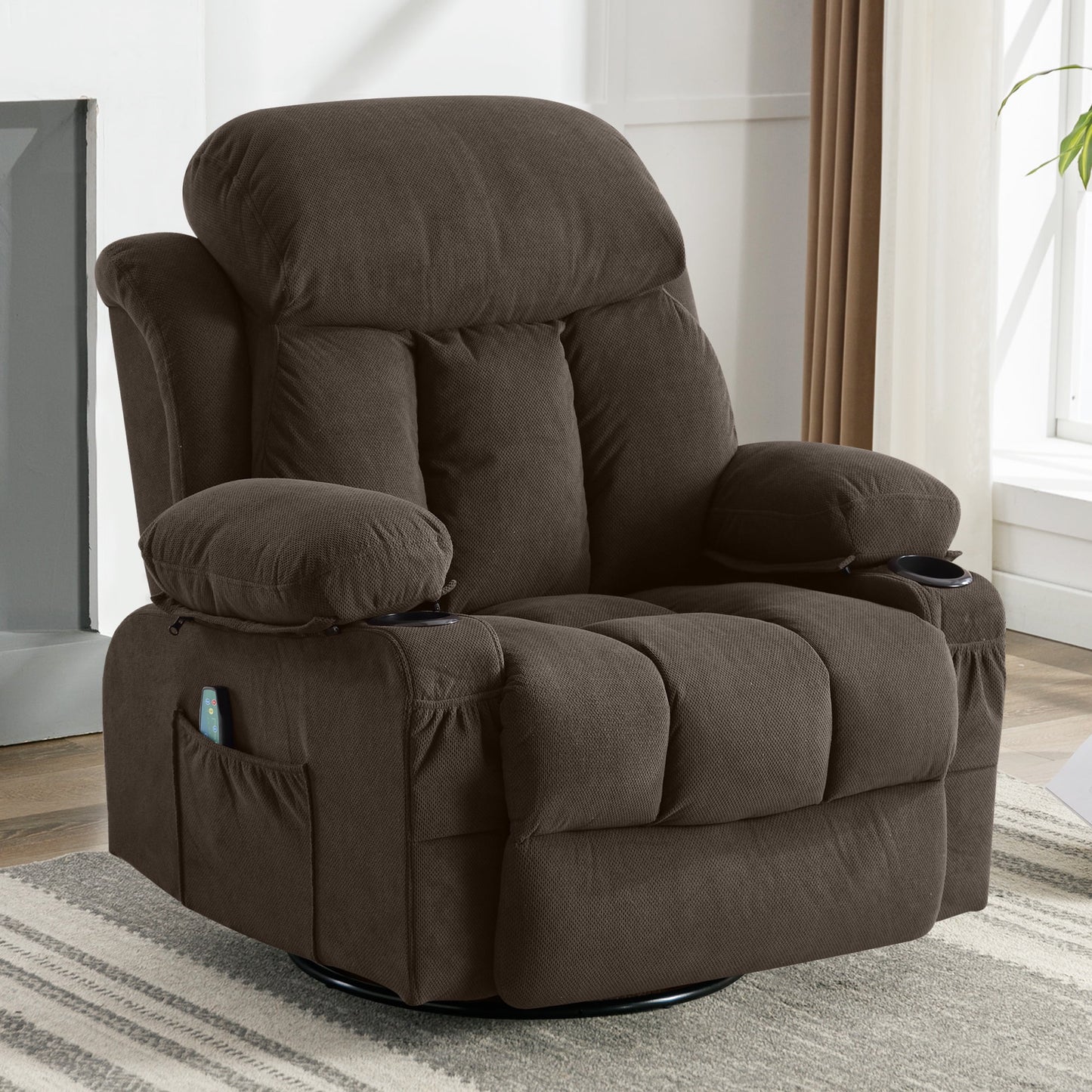 IMKHK Massage Rocker Recliner Chair, Modern Fabric Lounge Chair with Heat and Massage for Adults, Swivel Recliner Chair with Side Pockets, 2 Cup Holders, USB Charge Port for Living Room, Gray