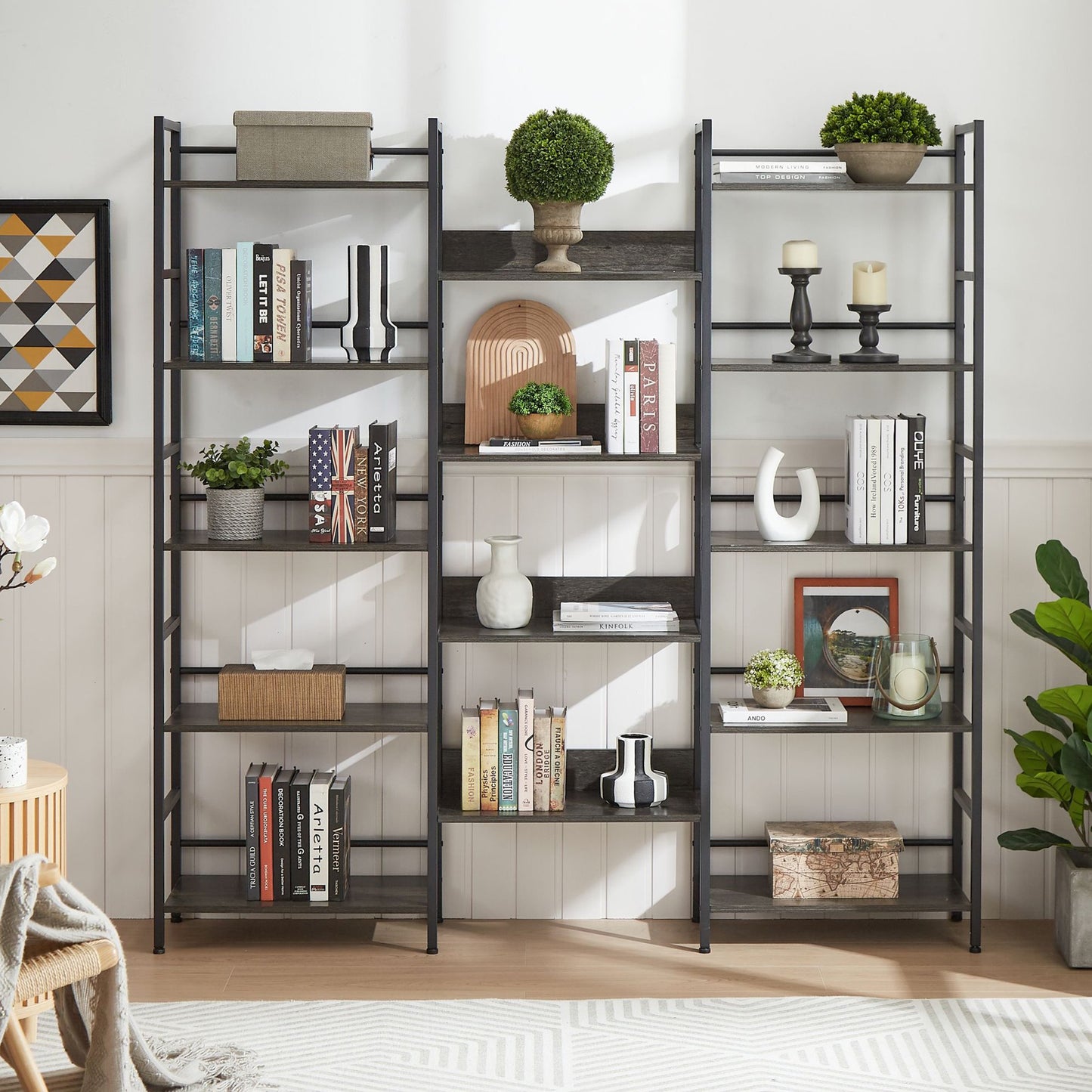 IMKHK 5 Tiers Bookshelf with 14 Display Shelves, Large Open Bookcase with Guardrail, Freestanding Storage Shelf Organizer with Metal Frame, Extra Large Iron Shelves for Office Living Room, Brown
