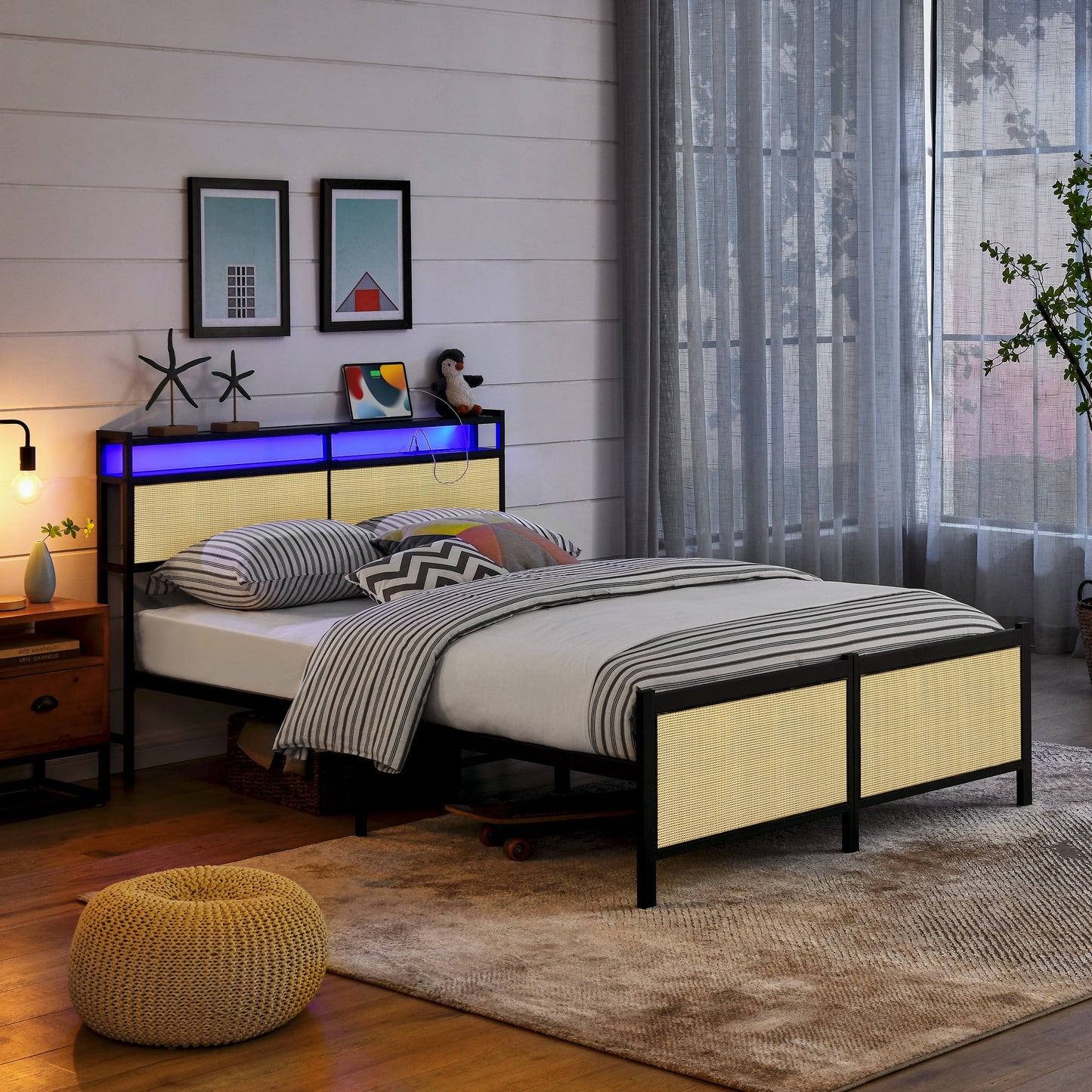 IMKHK LED Bed Frame Full Size, Modern Rattan Platform Bed with 2-Tier Storage Headboard and Charging Station, Heavy Duty Full Bed Frame with Large Underbed Storage Space, No Box Spring Needed, Black