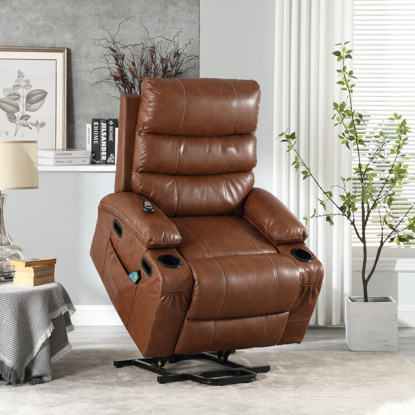 IMKHK Electric Lift Recliner Chair with Heat and Massage Function for Elderly, Power Lift Recliner with Remote Control, Wide Seat Single Sofa with Side Pockets and Cup Holders, PU Leather, Black