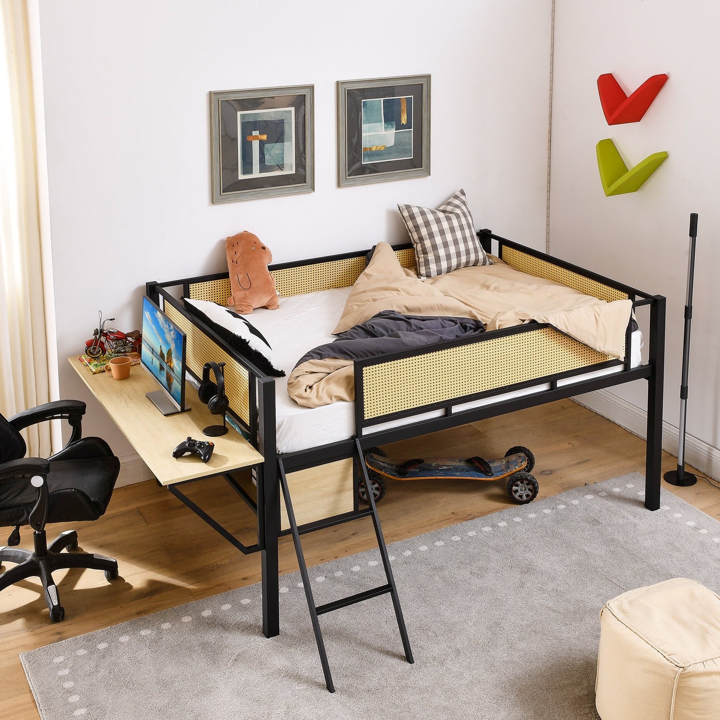 IMKHK Full Size Loft Bed with Stairs & Full-Length Guardrail, Rattan LED Loft Bed Frame with Desk and Open Storage Rack, Metal Bed Frame with Under Storage Space, No Box Spring Needed, Black Brown