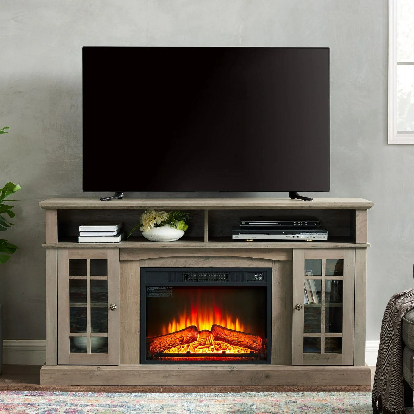 IMKHK Electric Fireplace TV Stand with Remote Control for 70 Inch TV, Farmhouse TV Console Table with 4 Storage Cabinets and Open Shelves, Wooden Media Entertainment Center for Living Room, Walnut