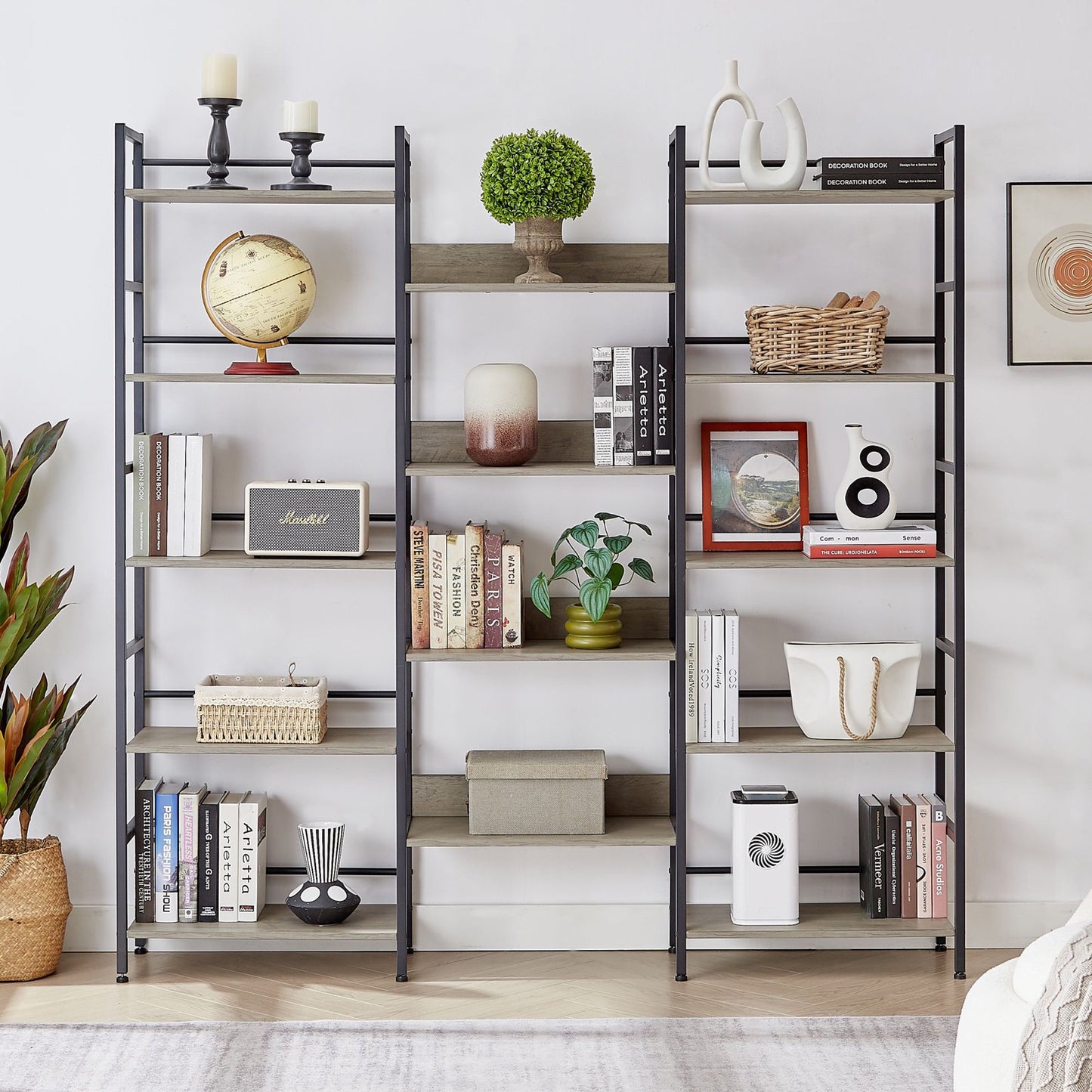 IMKHK 5 Tiers Bookshelf with 14 Display Shelves, Large Open Bookcase with Guardrail, Freestanding Storage Shelf Organizer with Metal Frame, Extra Large Iron Shelves for Office Living Room, Brown