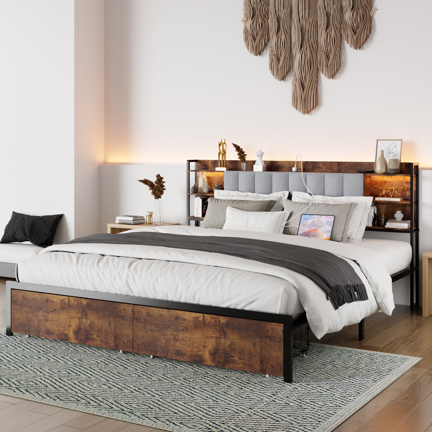 IMKHK Bed Frame Queen Size with 2 Drawers, LED Platform Bed with 3 Tier Upholstered Headboard, Queen Bed Frame with Power Charging Station and Underbed Storage, No Box Spring Needed, Brown
