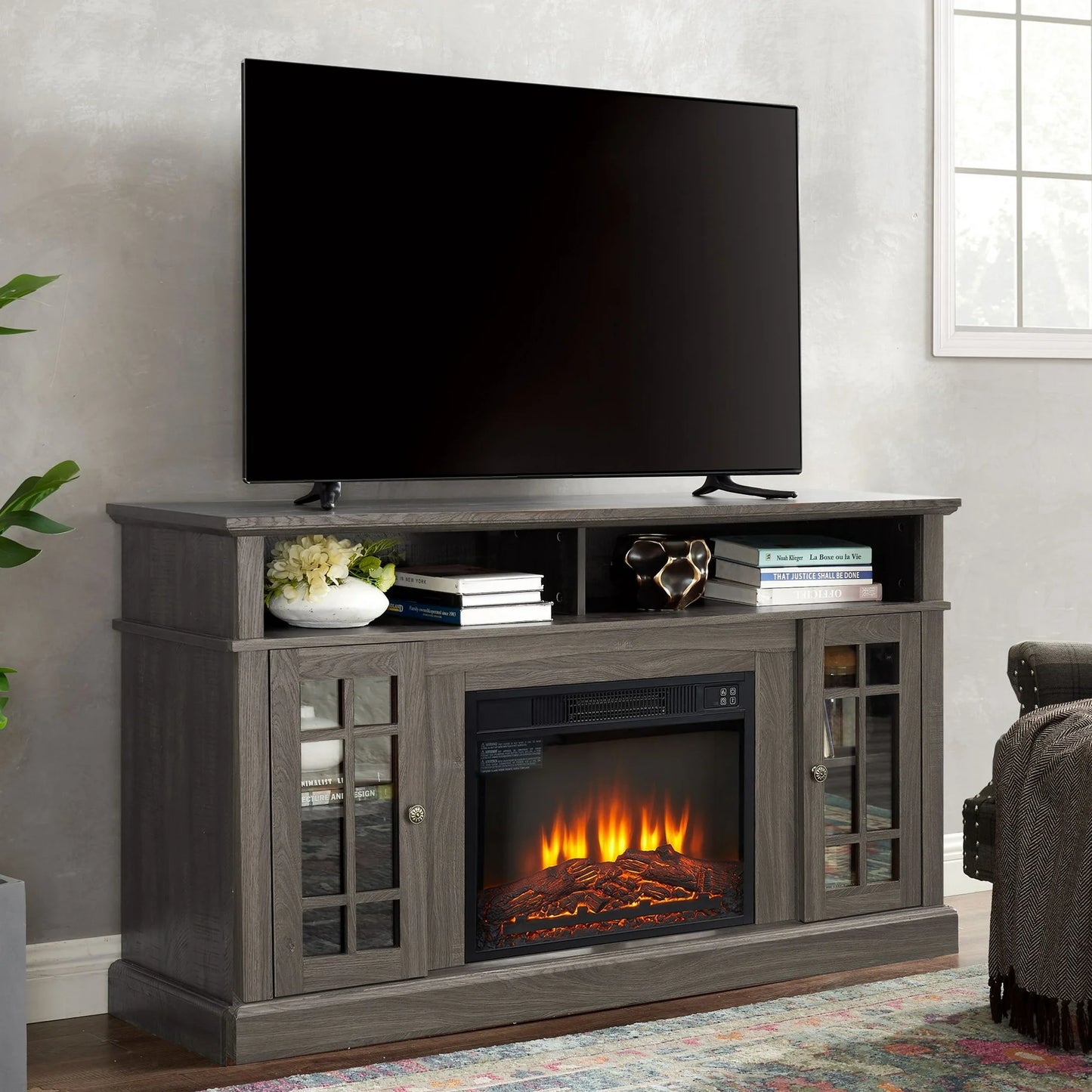 IMKHK Electric Fireplace TV Stand with Remote Control for 70 Inch TV, Farmhouse TV Console Table with 4 Storage Cabinets and Open Shelves, Wooden Media Entertainment Center for Living Room, Walnut