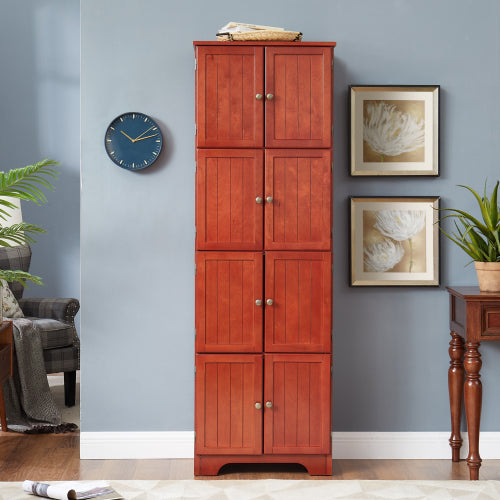IMKHK 72" Tall Freestanding Kitchen Pantry Cabinet, 4 Layers Farmhouse Storage Cabinet with 8 Doors and 4 Shelves, Sturdy Wooden Bookshelf for Kitchen, Dining Room, Bathroom, Living Room, Cherry