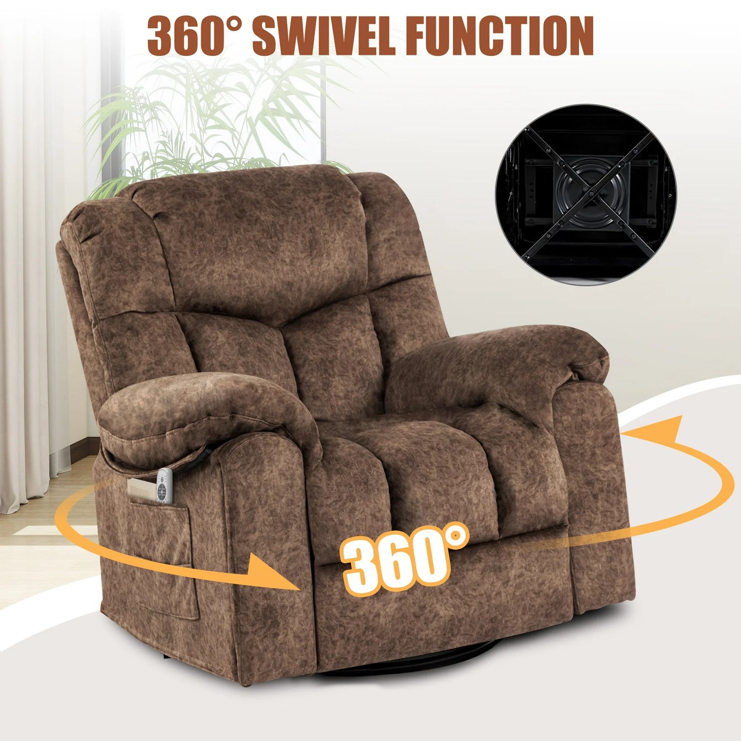 IMKHK Rocker Recliners with Heat and Massage for Adults, Manual Swivel Rocking Recliner Chair with USB Port, Side Pockets, Cup Holders, 24.4in Single Fabric Lounge Sofa Chair for Living Room, Beige
