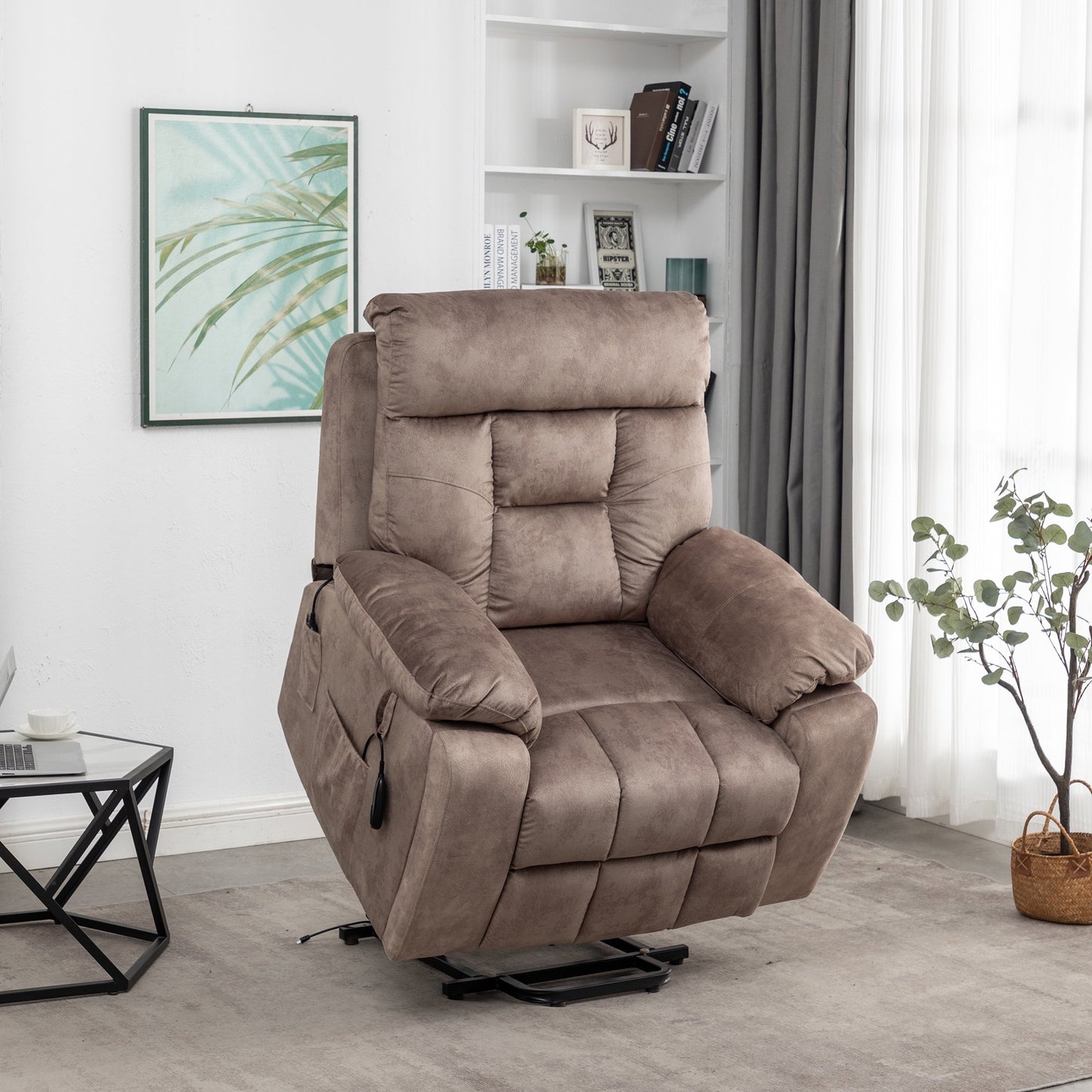 IMKHK Power Lift Recliner Chair for Adults, Oversized Recliner Chair with Massage and Heat for Living Room, Extra Wide Ergonomic Lounge Chair with Hidden Cup Holders and Side Pockets, Light Brown