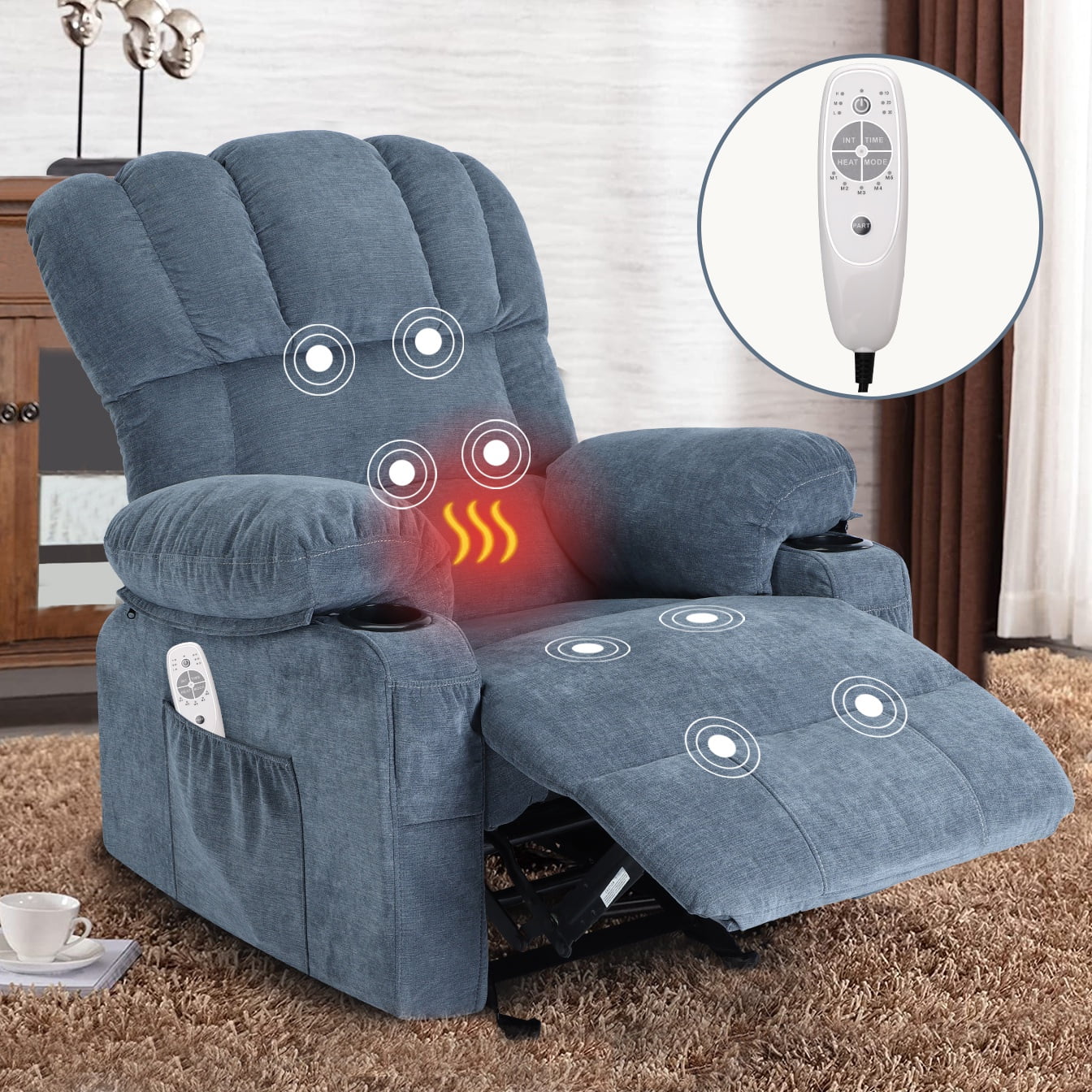 IMKHK Rocker Recliner Chair for Adults, Modern Manual Recliner Chair with Vibration Massage and Heat, Fabric Ergonomic Lounge Chair with Side Pocket, 2 Cup Holders and USE Charge Port, Brown