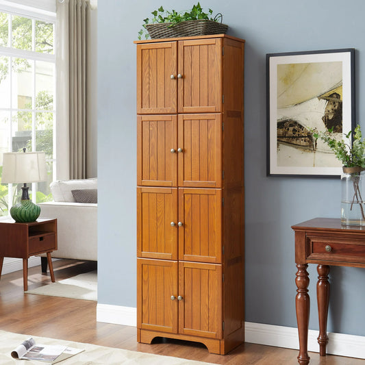 IMKHK 72" Tall Freestanding Kitchen Pantry Cabinet, 4 Layers Farmhouse Storage Cabinet with 8 Doors and 4 Shelves, Sturdy Wooden Bookshelf for Kitchen, Dining Room, Bathroom, Living Room, Cherry