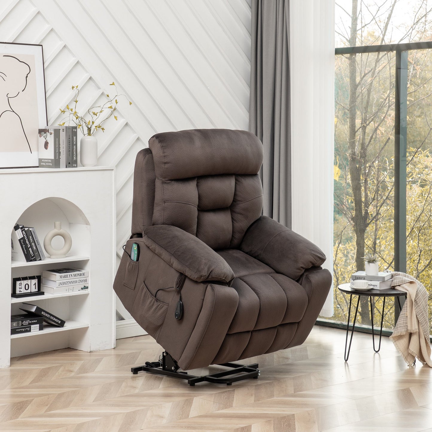 IMKHK Power Lift Recliner Chair for Adults, Oversized Recliner Chair with Massage and Heat for Living Room, Extra Wide Ergonomic Lounge Chair with Hidden Cup Holders and Side Pockets, Light Brown
