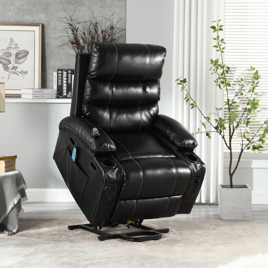 IMKHK Electric Lift Recliner Chair with Heat and Massage Function for Elderly, Power Lift Recliner with Remote Control, Wide Seat Single Sofa with Side Pockets and Cup Holders, PU Leather, Black