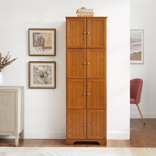 IMKHK 72" Tall Freestanding Kitchen Pantry Cabinet, 4 Layers Farmhouse Storage Cabinet with 8 Doors and 4 Shelves, Sturdy Wooden Bookshelf for Kitchen, Dining Room, Bathroom, Living Room, Cherry