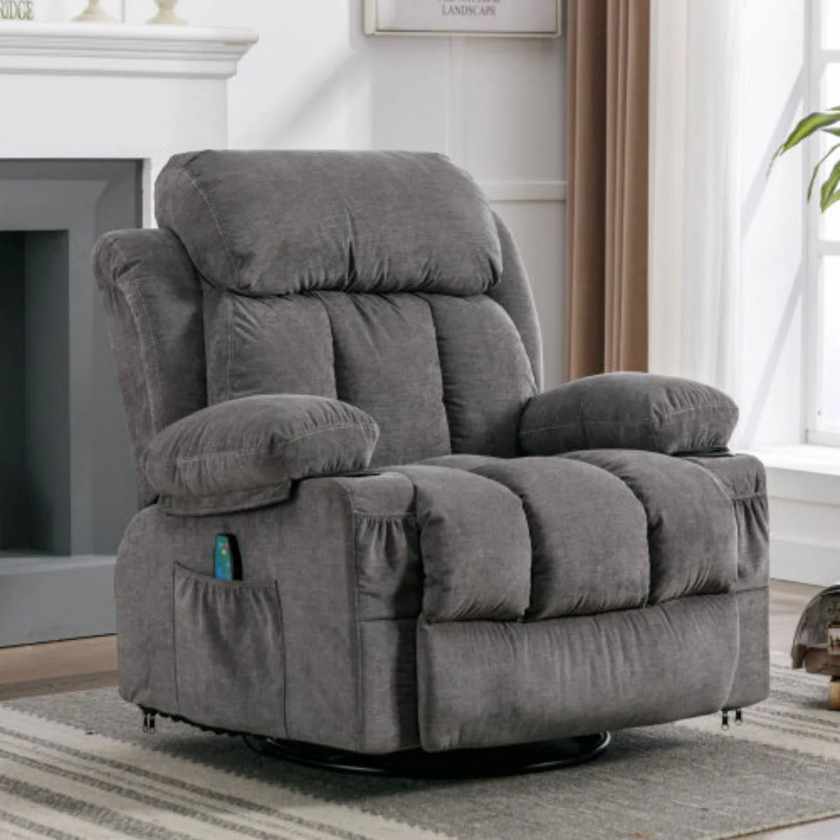 IMKHK Massage Rocker Recliner Chair, Modern Fabric Lounge Chair with Heat and Massage for Adults, Swivel Recliner Chair with Side Pockets, 2 Cup Holders, USB Charge Port for Living Room, Gray