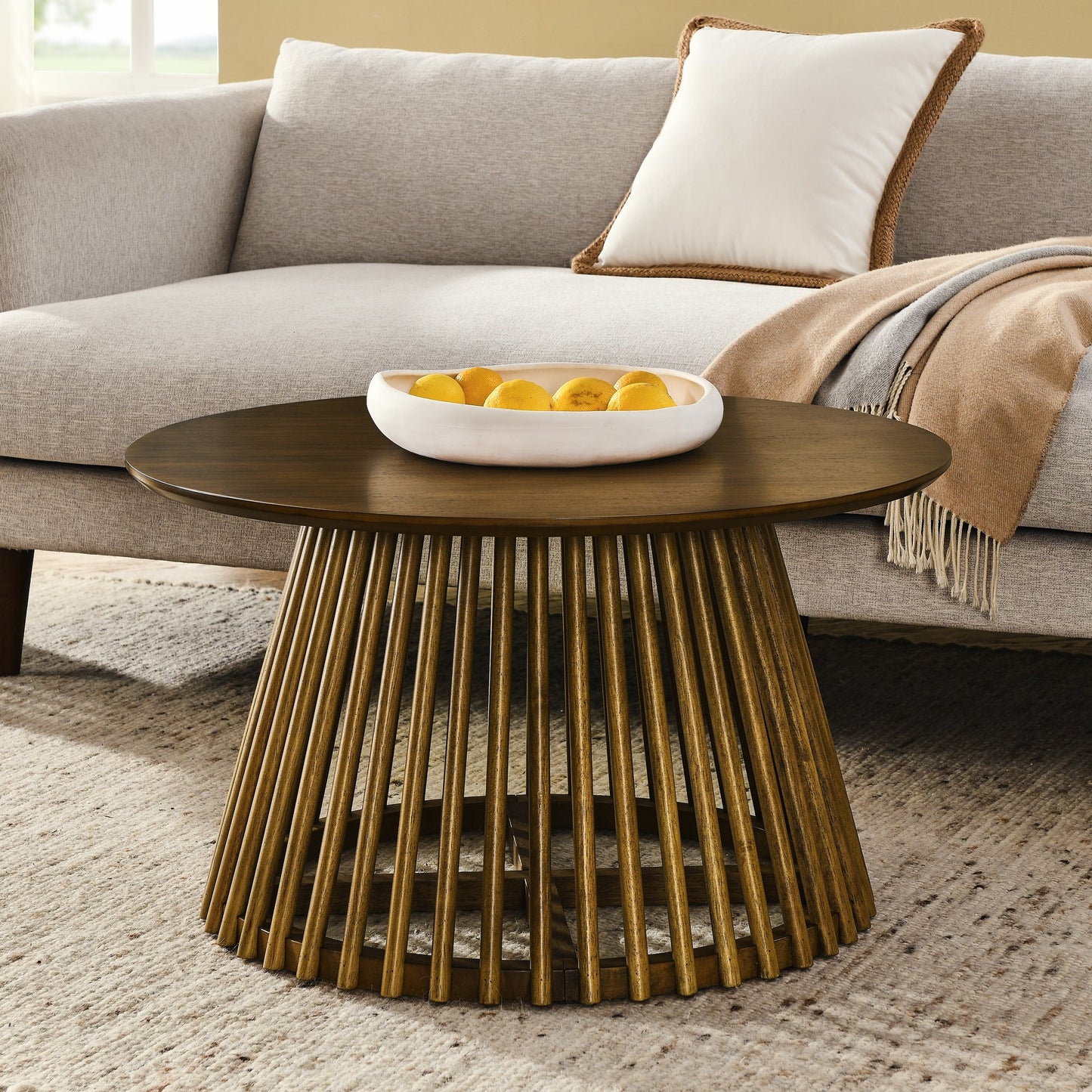 IMKHK 17.7" H Round Wood Coffee Table with Solid Rubber Wood Legs, Modern Farmhouse Single Side End Table, Holds up to 330 lbs, for Apartment Living Room Bedroom Office Small Place, Brown