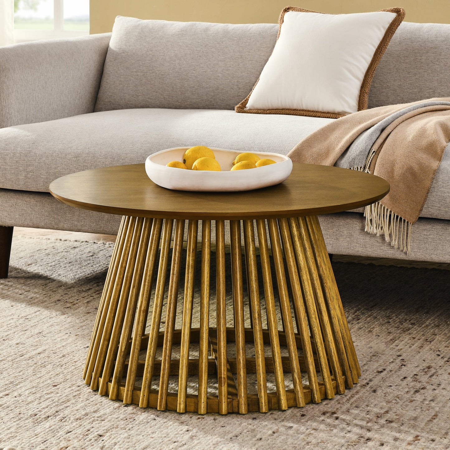 IMKHK 17.7" H Round Wood Coffee Table with Solid Rubber Wood Legs, Modern Farmhouse Single Side End Table, Holds up to 330 lbs, for Apartment Living Room Bedroom Office Small Place, Brown