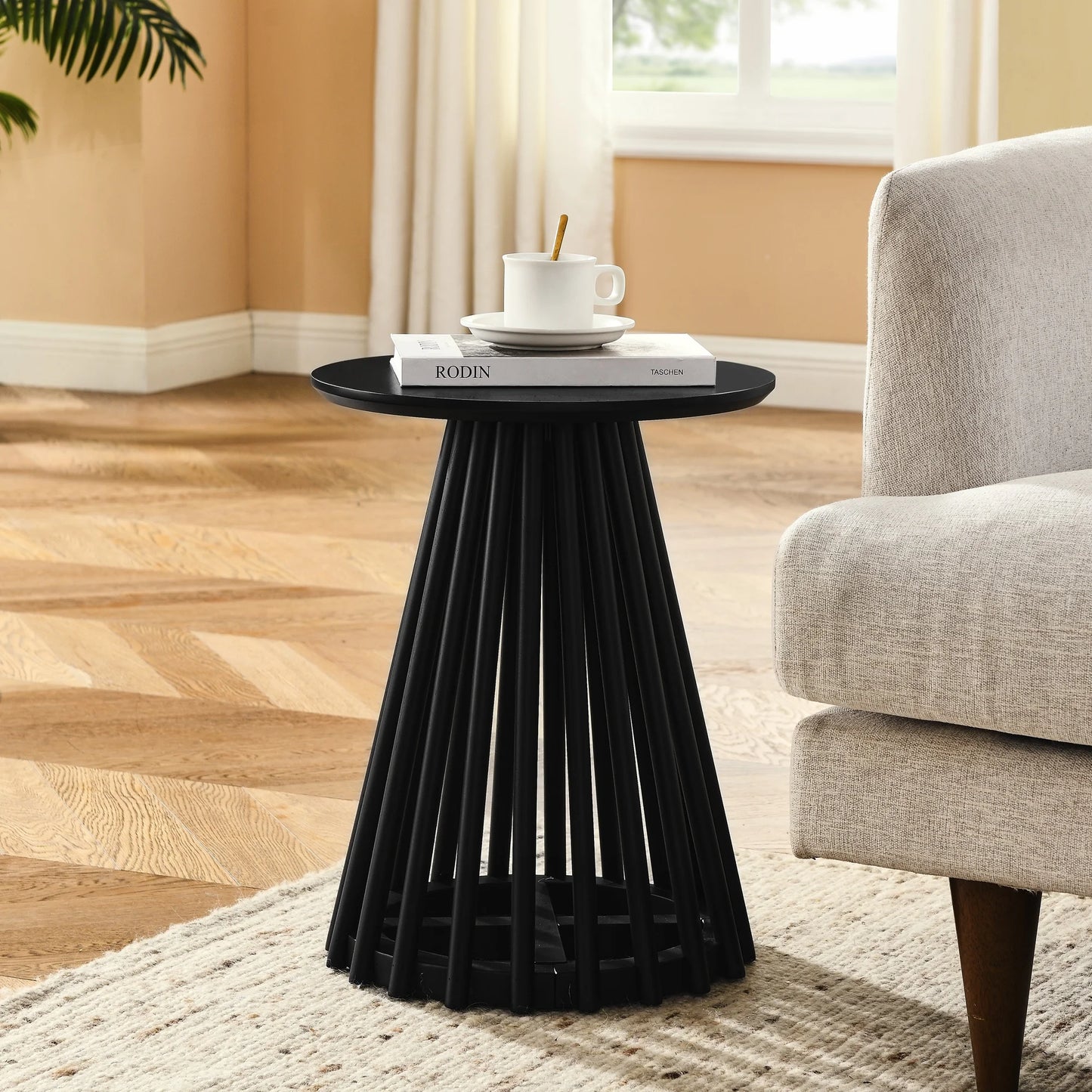 IMKHK 19.7" H Round Wood Coffee Table, Modern Farmhouse Single Side End Table with Solid Rubber Wood Legs, Holds up to 200 lbs, for Apartment Living Room Bedroom Office Small Place, Black