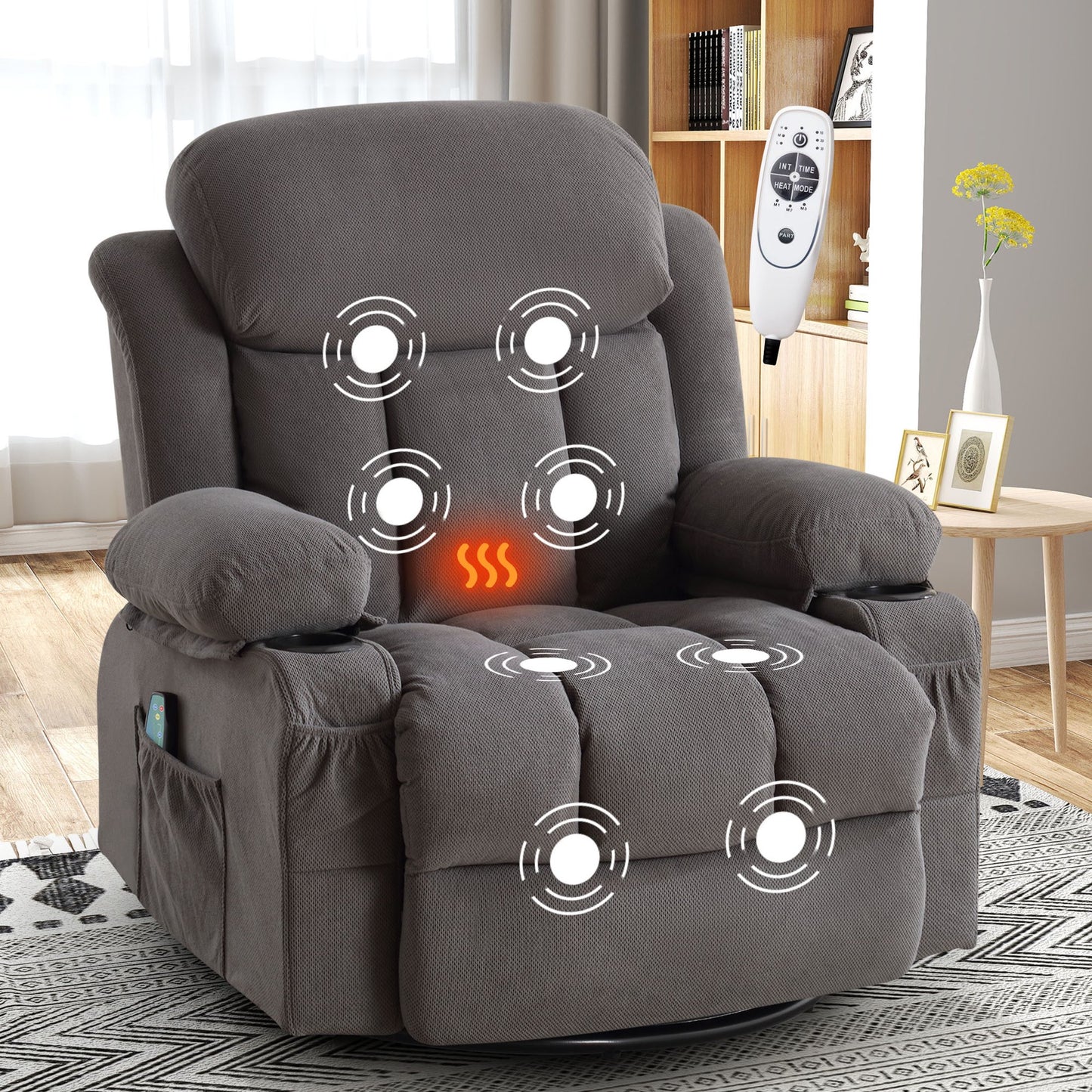 IMKHK 24.4 in Seating Rocking Recliner Chair with Massage and Heat for Adults, Manual Swivel Rocker Recliner with USB Ports, Cup Holders, Side Pockets, Single Sofa Lounge Chair for Living Room, Gray