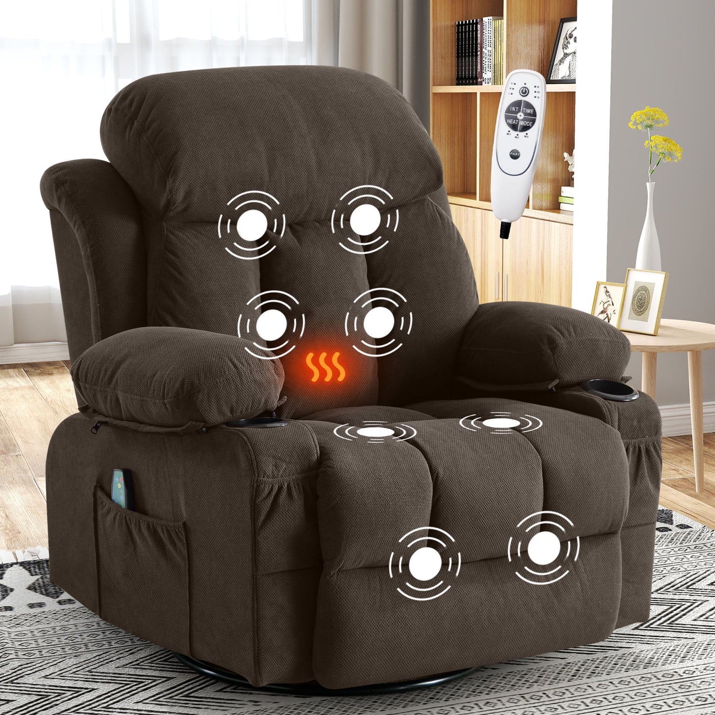 IMKHK 24.4 in Seating Rocking Recliner Chair with Massage and Heat for Adults, Manual Swivel Rocker Recliner with USB Ports, Cup Holders, Side Pockets, Single Sofa Lounge Chair for Living Room, Gray